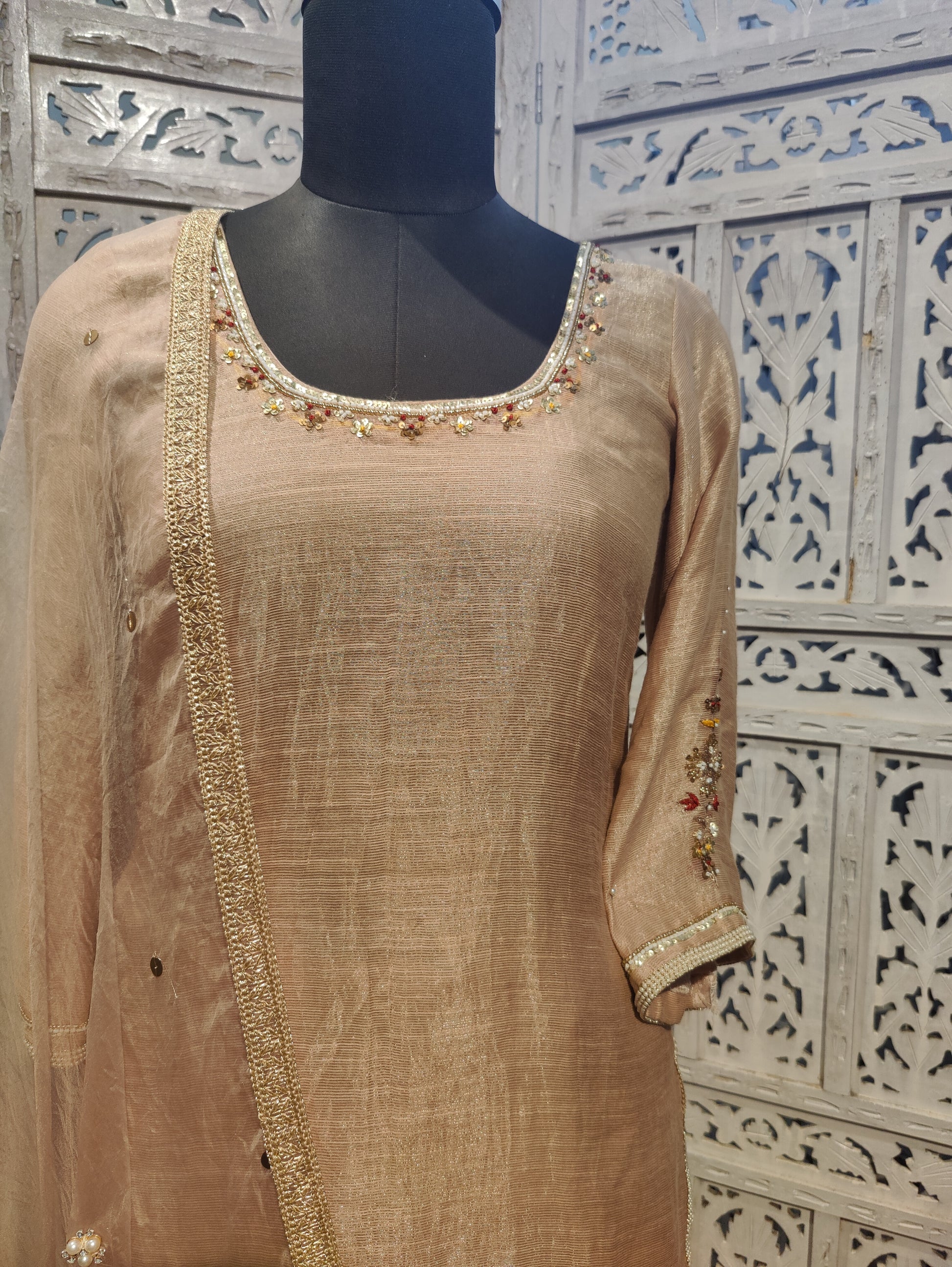 Jasmine Pure Chanderi Hand painted suit with Handwork