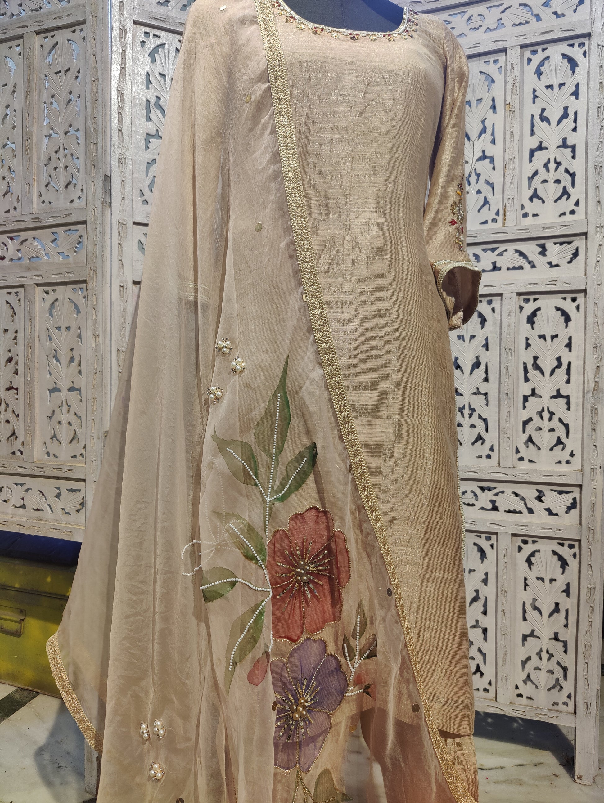 Jasmine Pure Chanderi Hand painted suit with Handwork