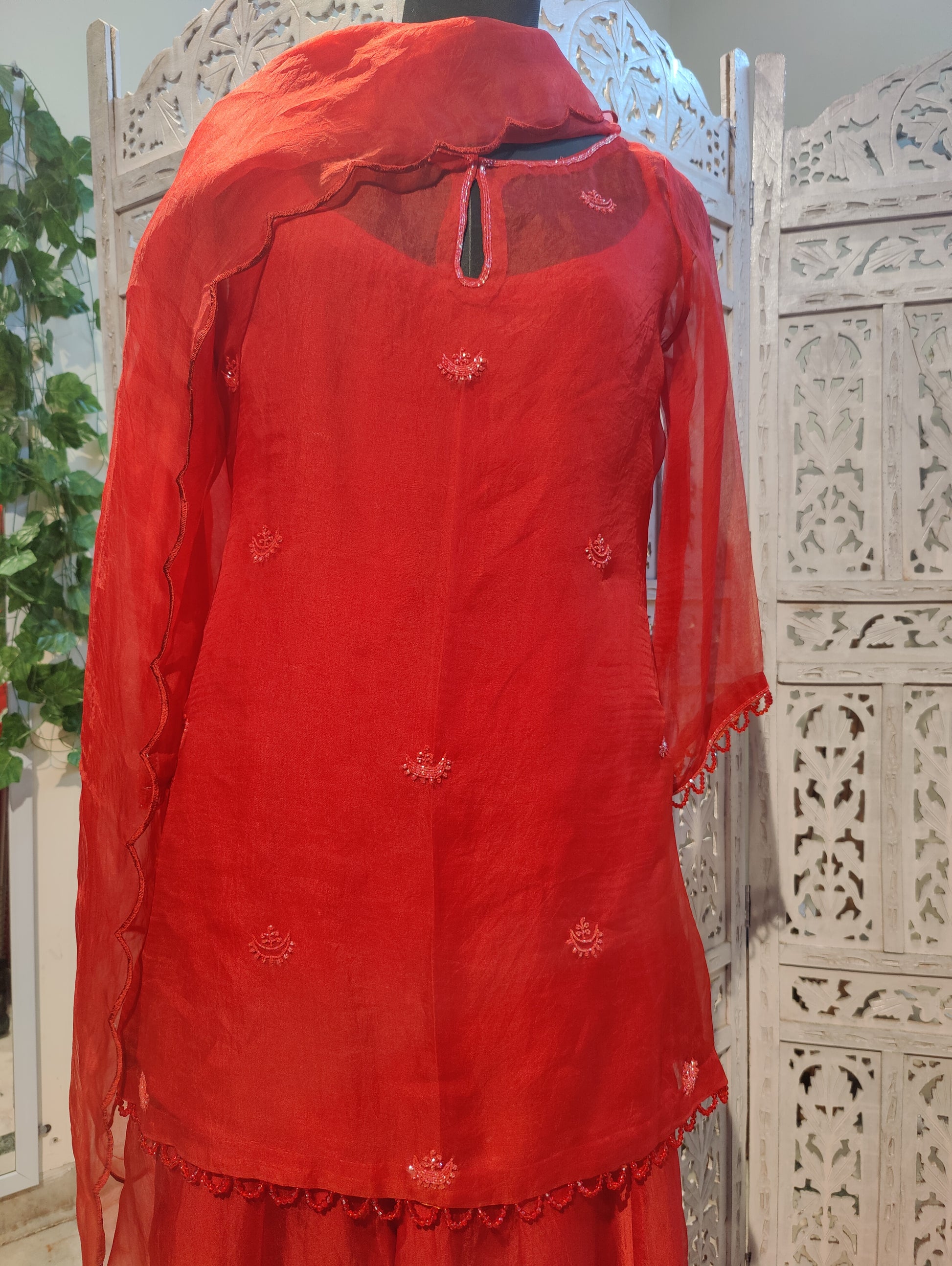 CHAND🌙 Deep Red Pure Organza Sharara Set with Chand Buti and Katdana Embroidery Indian Wedding Outfit with Strap Slip and Scalloped Dupatta Perfect for Trousseau and Festive Wear