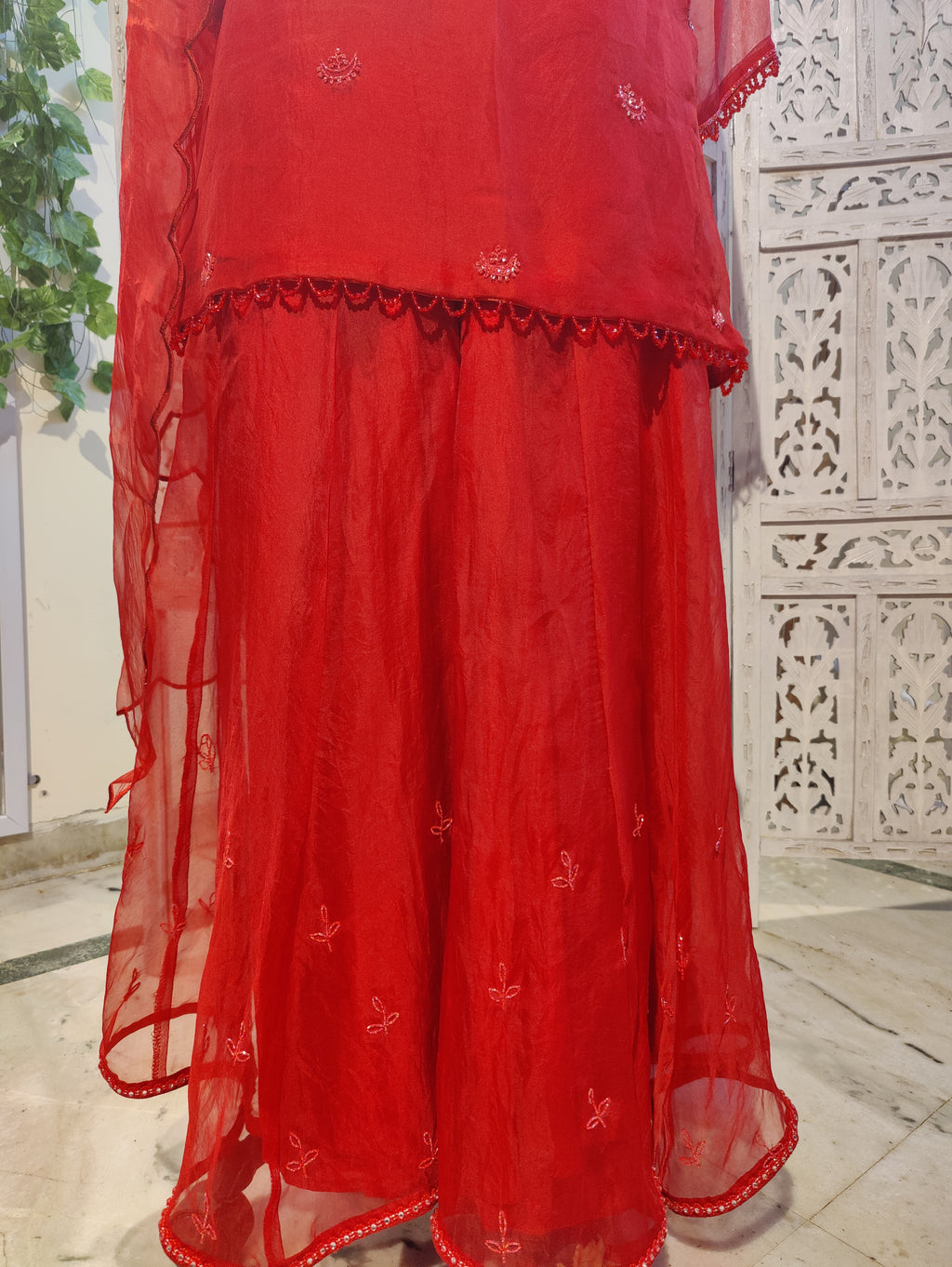 CHAND🌙 Deep Red Pure Organza Sharara Set with Chand Buti and Katdana Embroidery Indian Wedding Outfit with Strap Slip and Scalloped Dupatta Perfect for Trousseau and Festive Wear