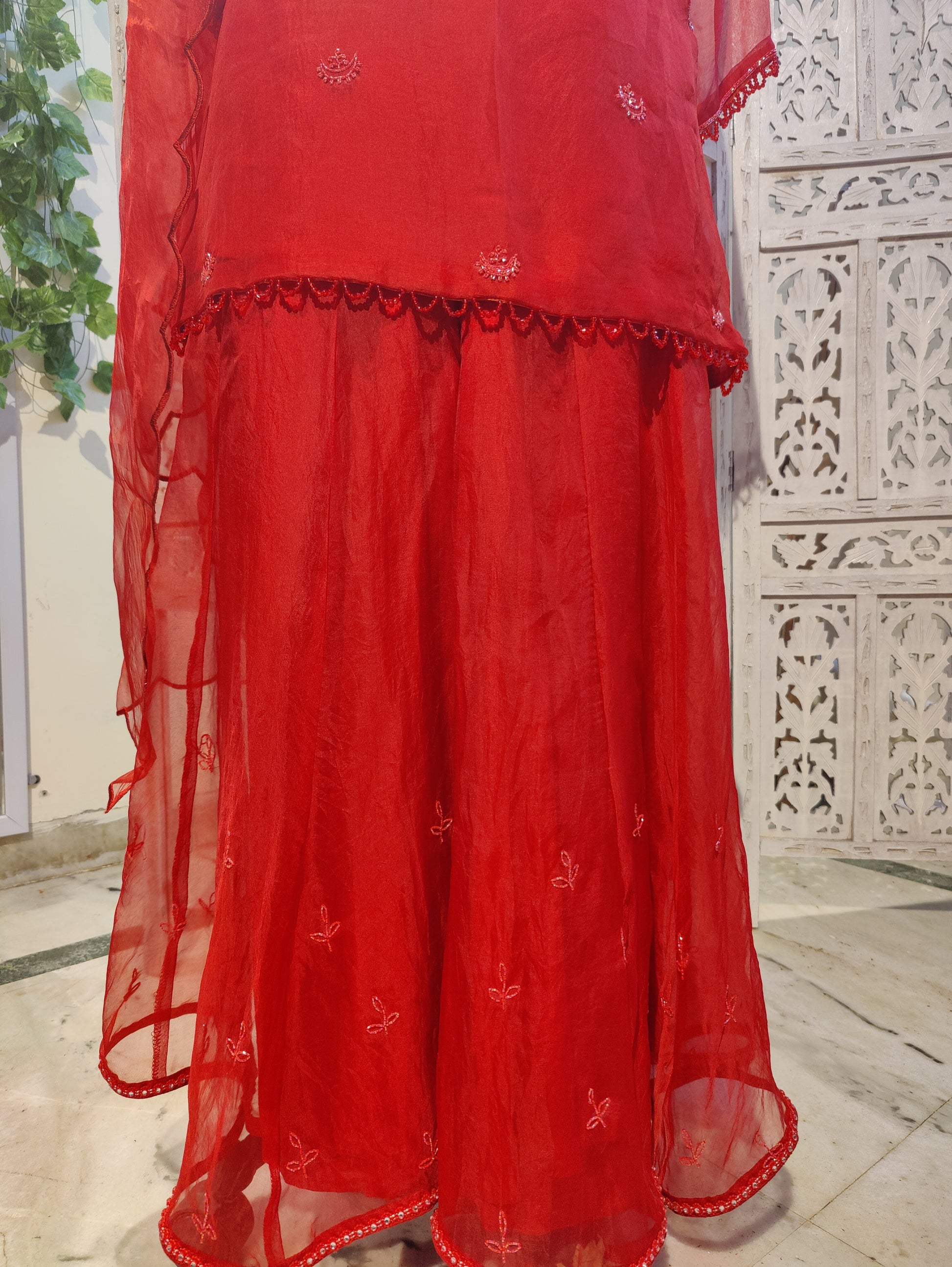 CHAND🌙 Deep Red Pure Organza Sharara Set with Chand Buti and Katdana Embroidery Indian Wedding Outfit with Strap Slip and Scalloped Dupatta Perfect for Trousseau and Festive Wear
