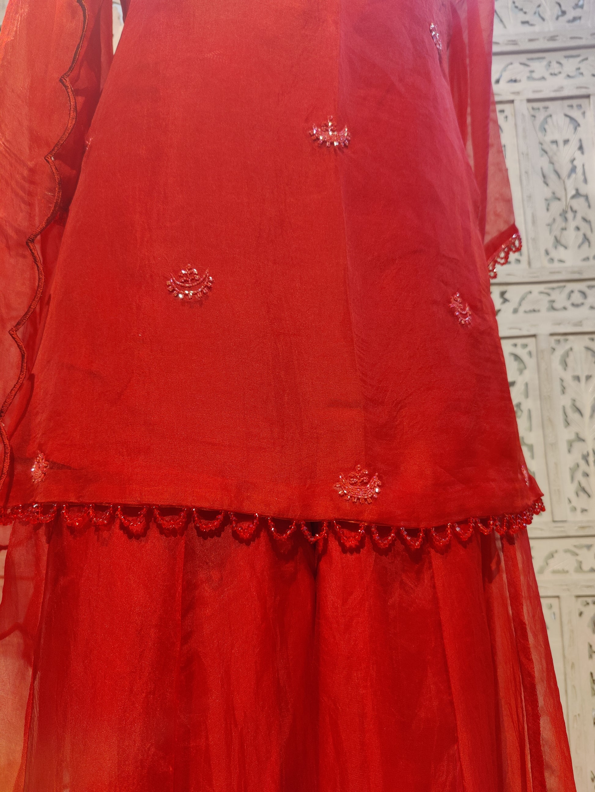 CHAND🌙 Deep Red Pure Organza Sharara Set with Chand Buti and Katdana Embroidery Indian Wedding Outfit with Strap Slip and Scalloped Dupatta Perfect for Trousseau and Festive Wear