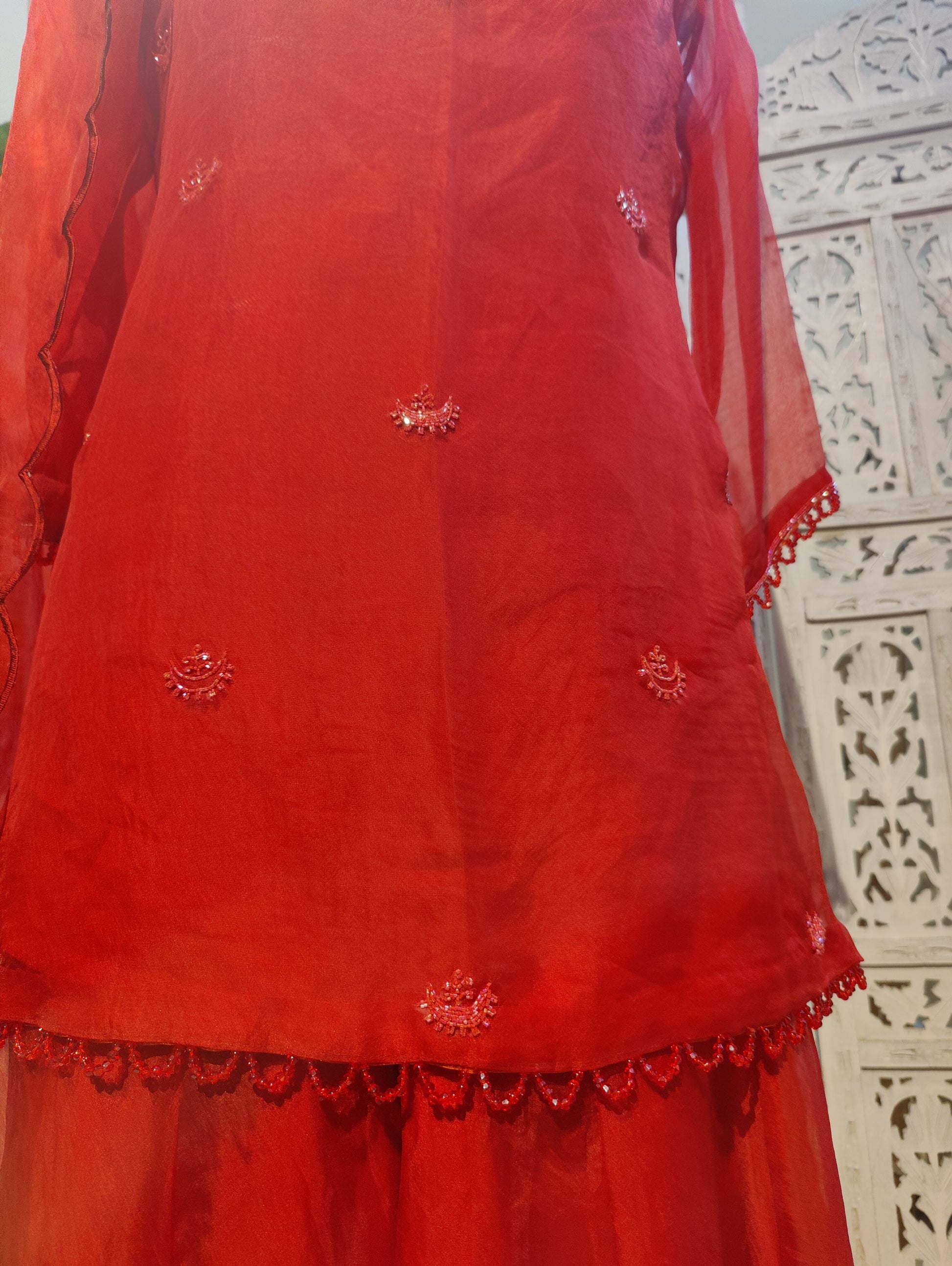 CHAND🌙 Deep Red Pure Organza Sharara Set with Chand Buti and Katdana Embroidery Indian Wedding Outfit with Strap Slip and Scalloped Dupatta Perfect for Trousseau and Festive Wear