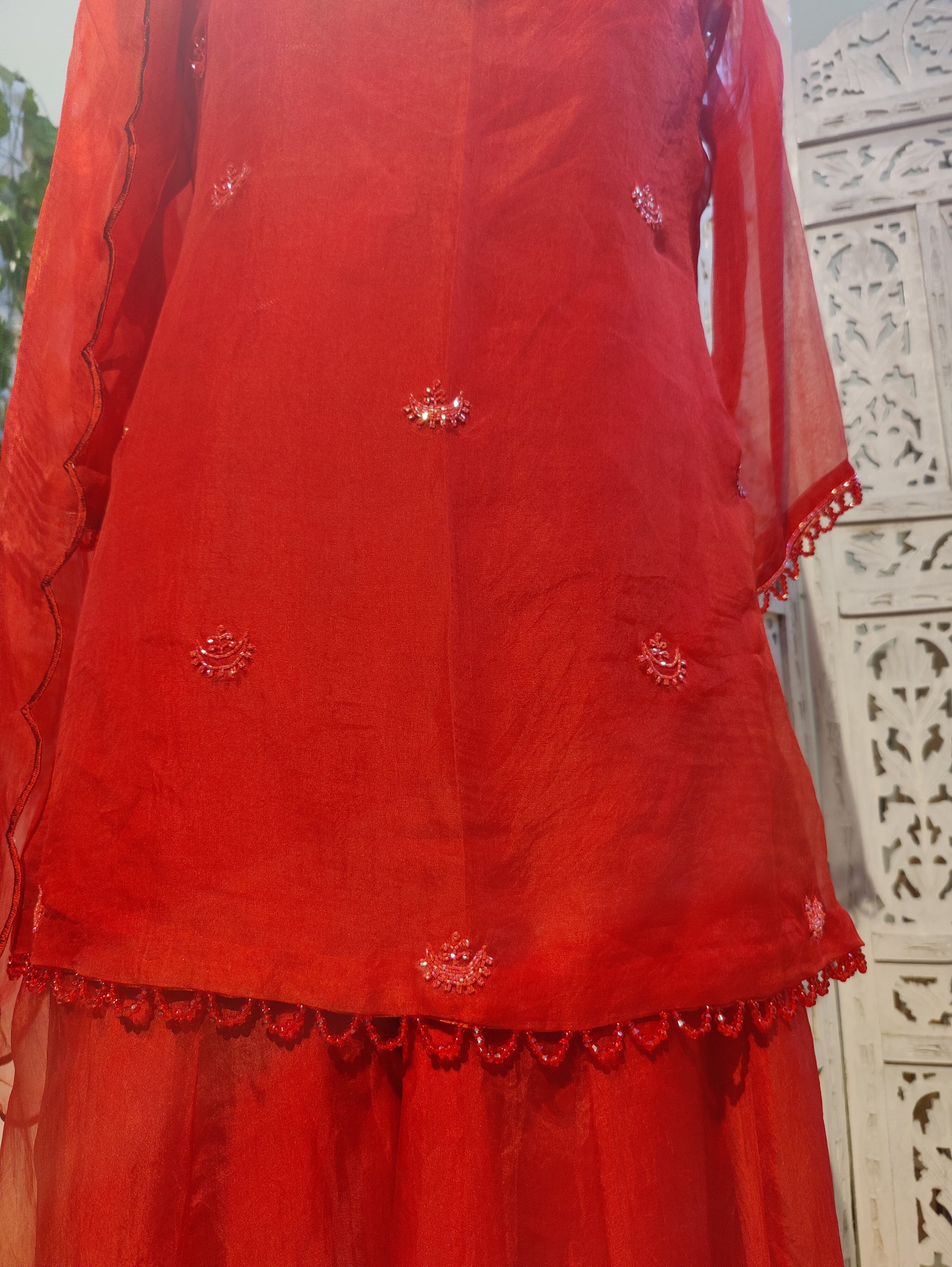 CHAND🌙 Deep Red Pure Organza Sharara Set with Chand Buti and Katdana Embroidery Indian Wedding Outfit with Strap Slip and Scalloped Dupatta Perfect for Trousseau and Festive Wear