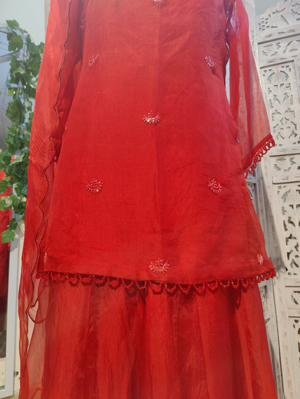CHAND🌙 Deep Red Pure Organza Sharara Set with Chand Buti and Katdana Embroidery Indian Wedding Outfit with Strap Slip and Scalloped Dupatta Perfect for Trousseau and Festive Wear