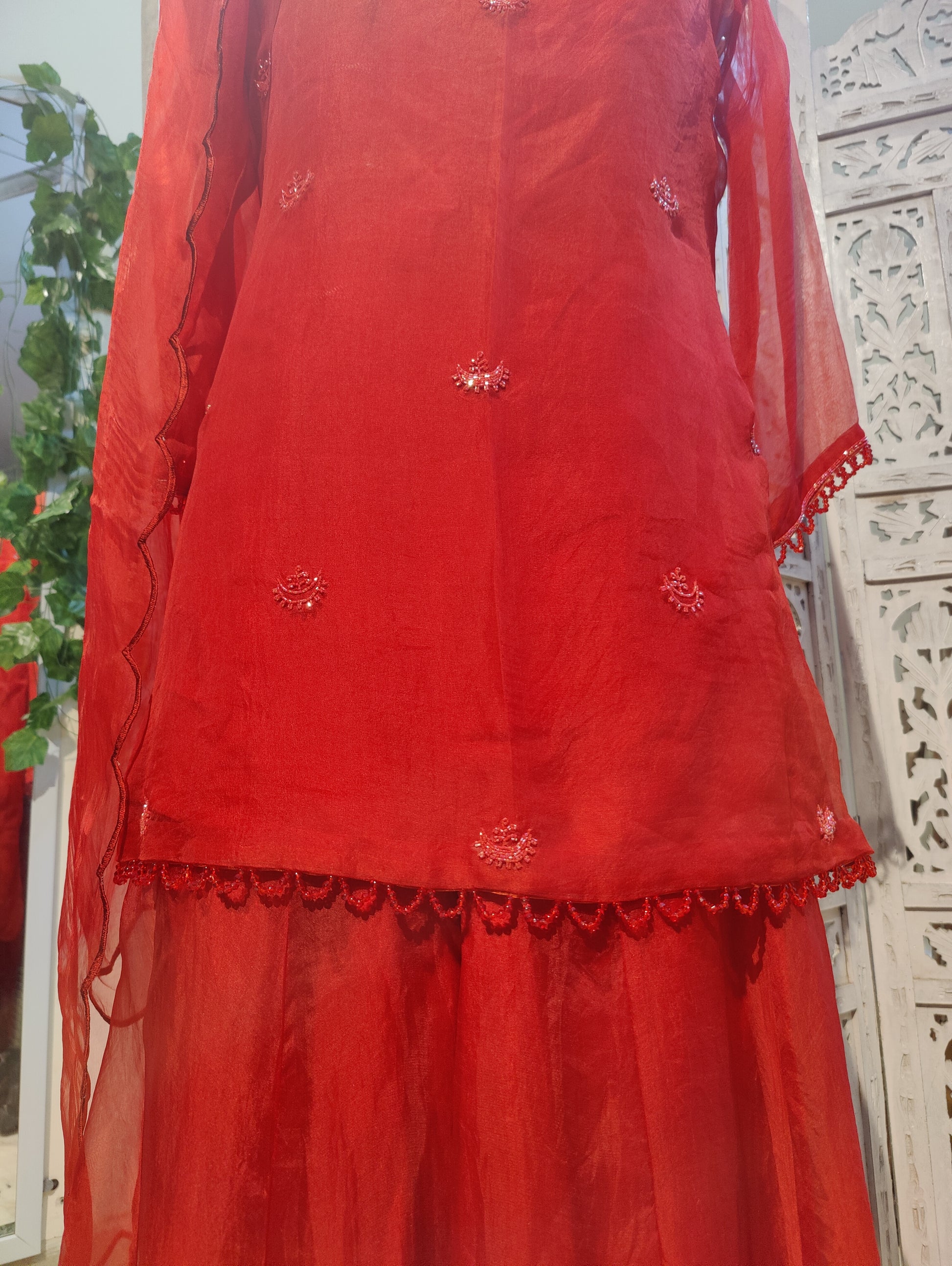 CHAND🌙 Deep Red Pure Organza Sharara Set with Chand Buti and Katdana Embroidery Indian Wedding Outfit with Strap Slip and Scalloped Dupatta Perfect for Trousseau and Festive Wear
