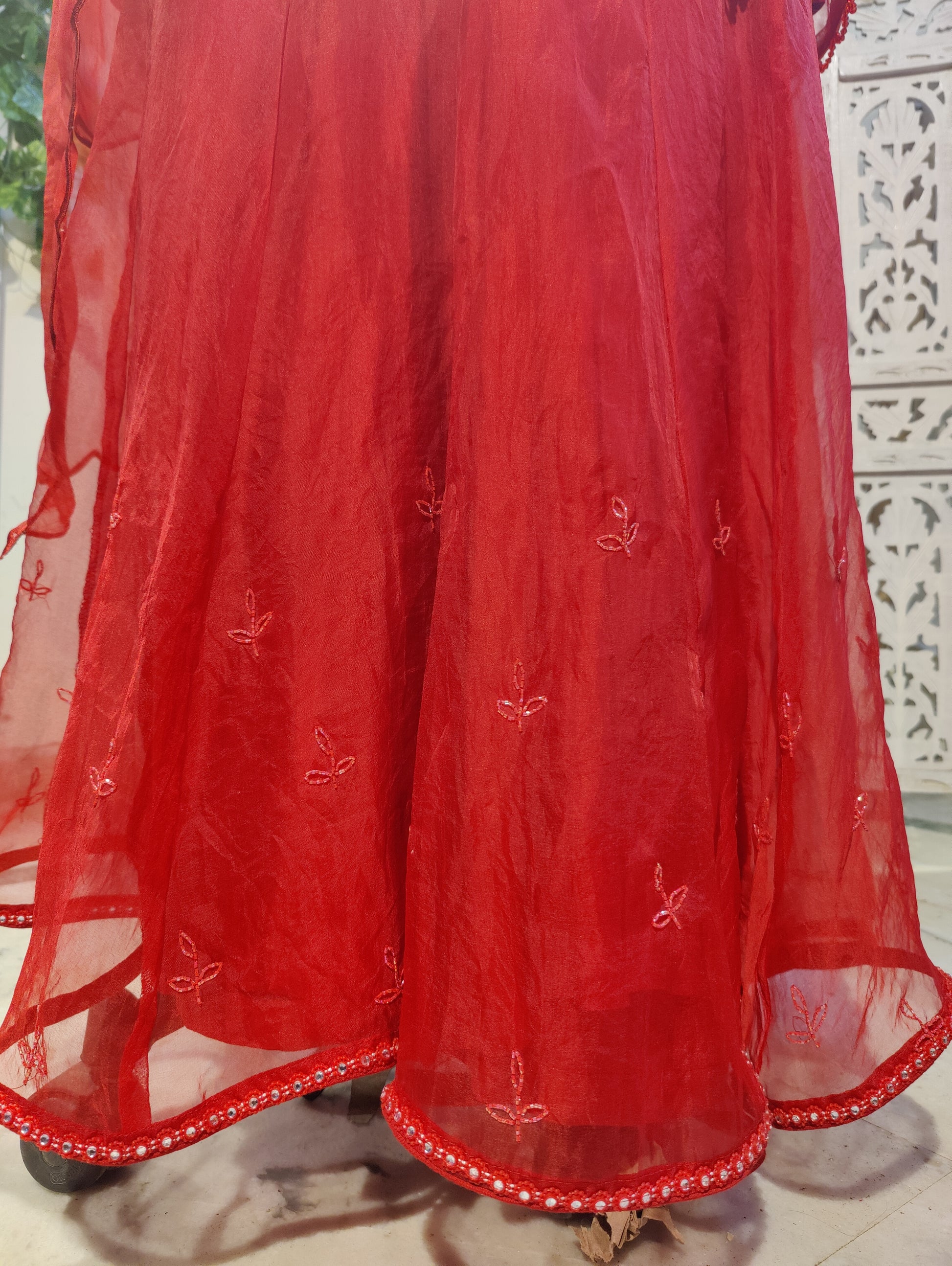 CHAND🌙 Deep Red Pure Organza Sharara Set with Chand Buti and Katdana Embroidery Indian Wedding Outfit with Strap Slip and Scalloped Dupatta Perfect for Trousseau and Festive Wear