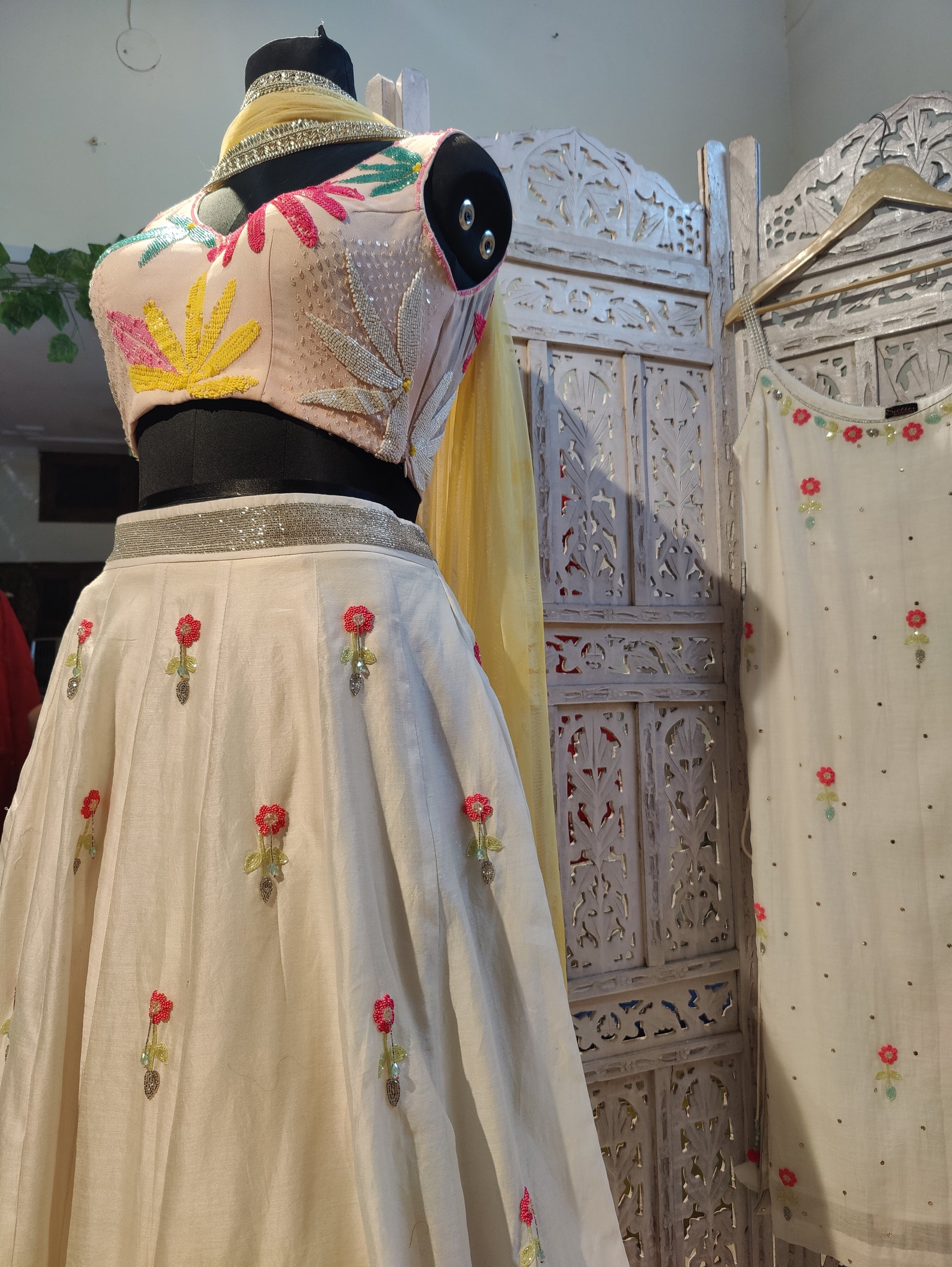 vory Lehenga Set with Pastel Pink Blouse and Yellow Net Dupatta Floral Jaal Embroidery in Katdana Sequins and Crystals Perfect for Sangeet Mehndi Haldi Bride’s Sister
