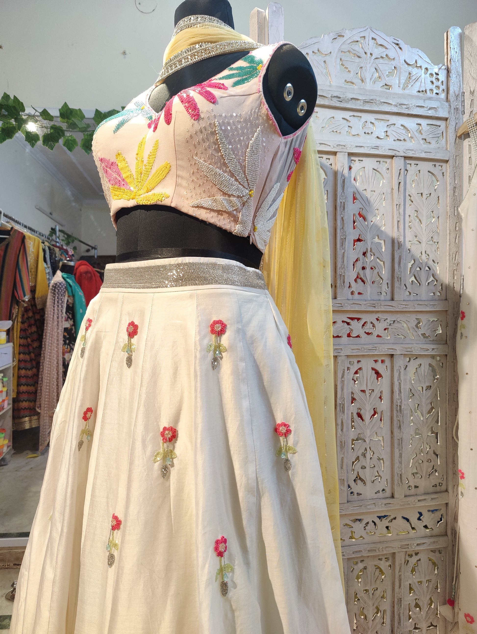 vory Lehenga Set with Pastel Pink Blouse and Yellow Net Dupatta Floral Jaal Embroidery in Katdana Sequins and Crystals Perfect for Sangeet Mehndi Haldi Bride’s Sister