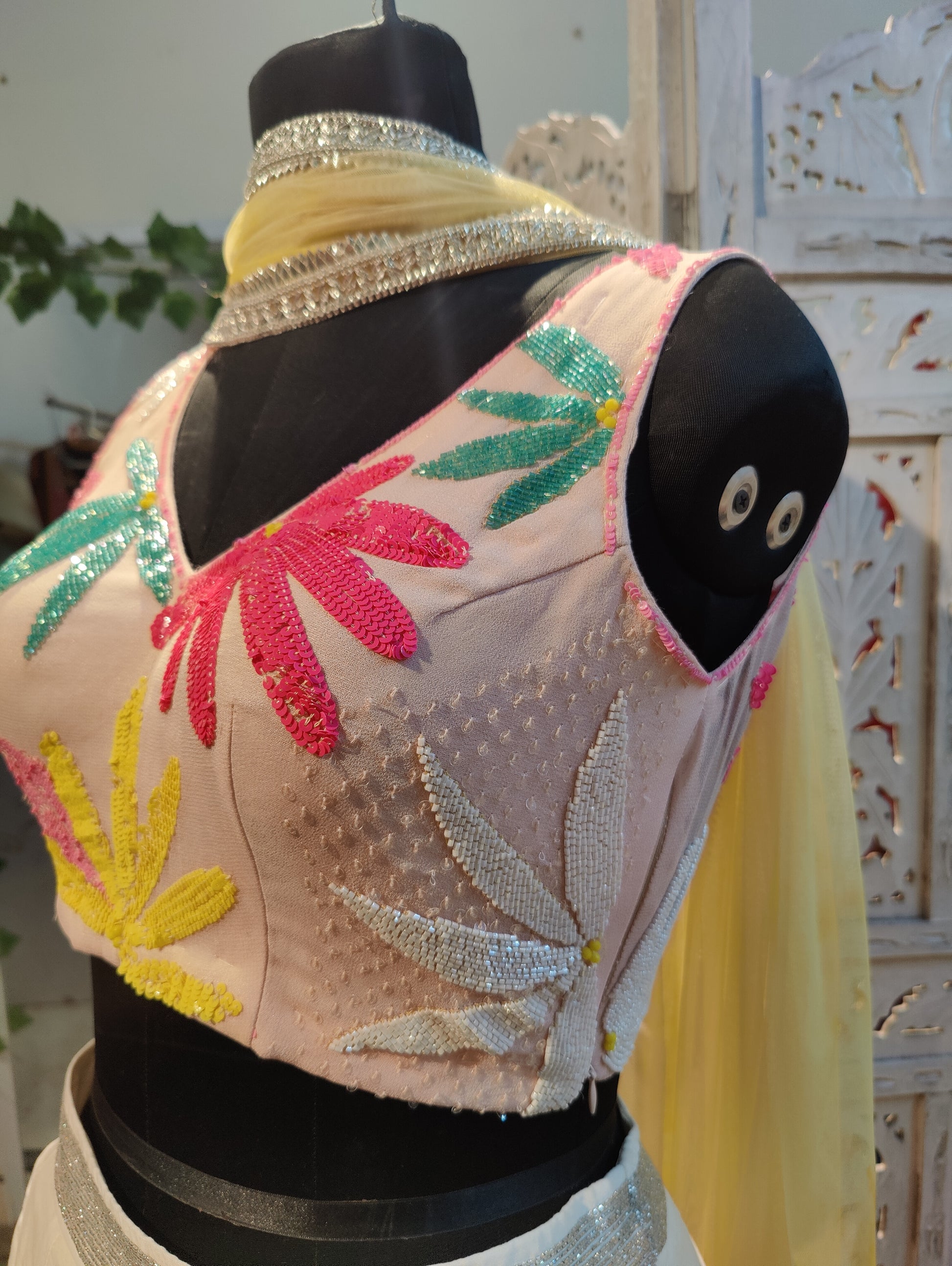vory Lehenga Set with Pastel Pink Blouse and Yellow Net Dupatta Floral Jaal Embroidery in Katdana Sequins and Crystals Perfect for Sangeet Mehndi Haldi Bride’s Sister