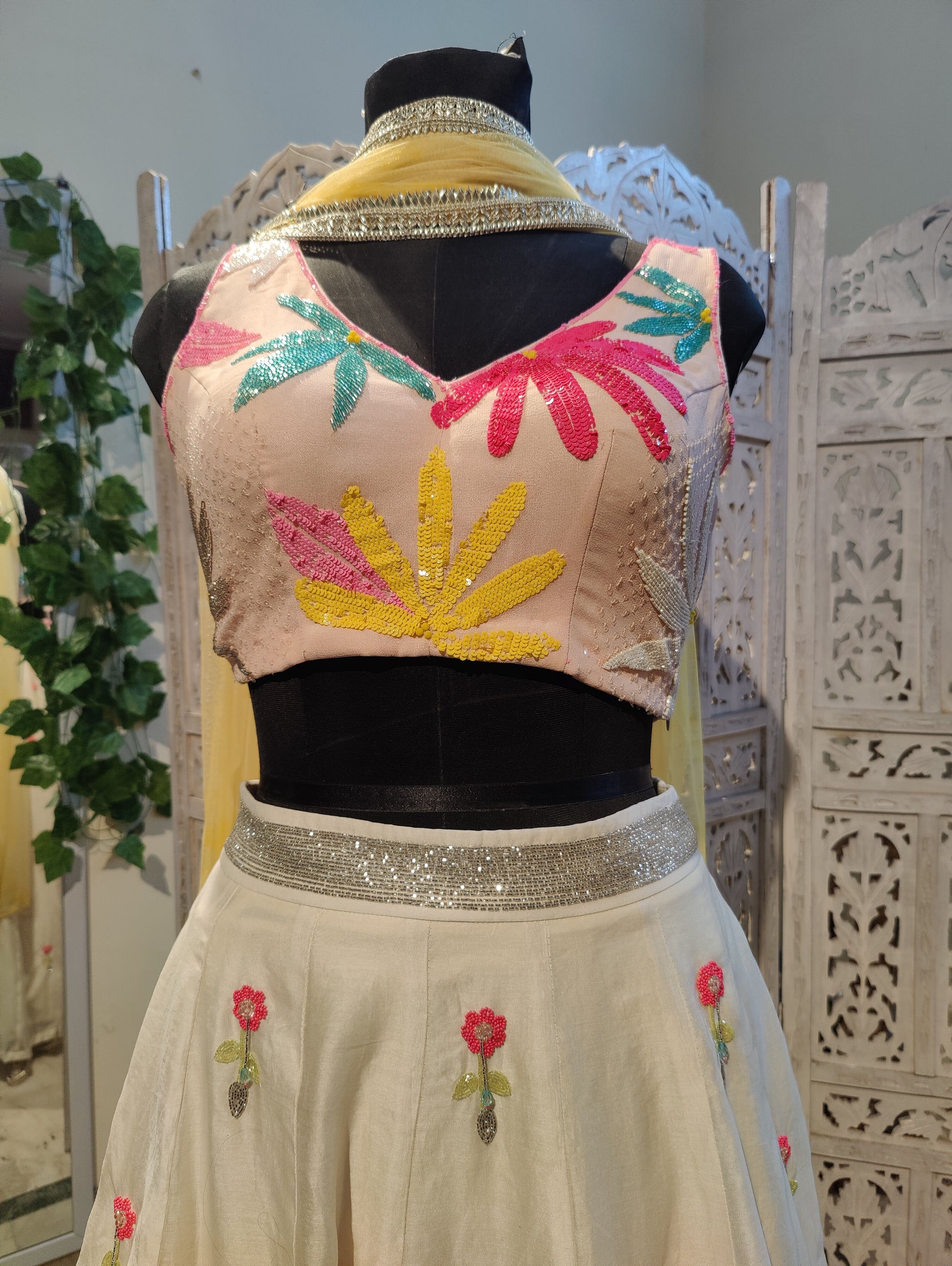 vory Lehenga Set with Pastel Pink Blouse and Yellow Net Dupatta Floral Jaal Embroidery in Katdana Sequins and Crystals Perfect for Sangeet Mehndi Haldi Bride’s Sister