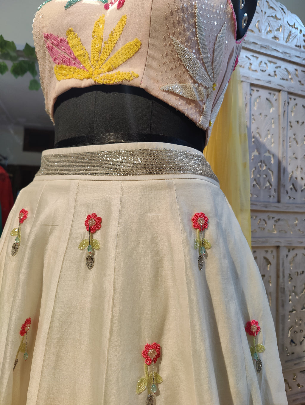 vory Lehenga Set with Pastel Pink Blouse and Yellow Net Dupatta Floral Jaal Embroidery in Katdana Sequins and Crystals Perfect for Sangeet Mehndi Haldi Bride’s Sister