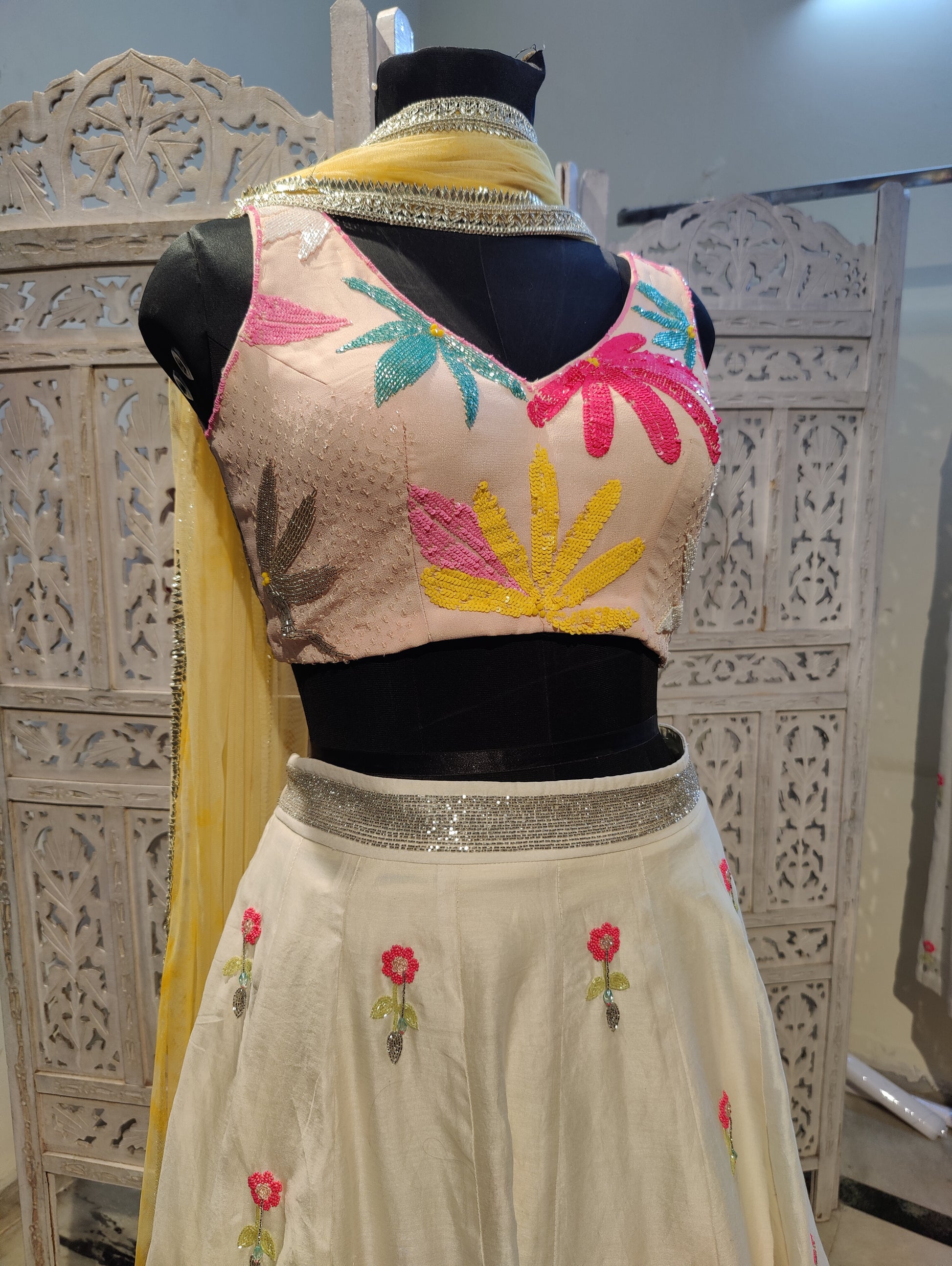 vory Lehenga Set with Pastel Pink Blouse and Yellow Net Dupatta Floral Jaal Embroidery in Katdana Sequins and Crystals Perfect for Sangeet Mehndi Haldi Bride’s Sister