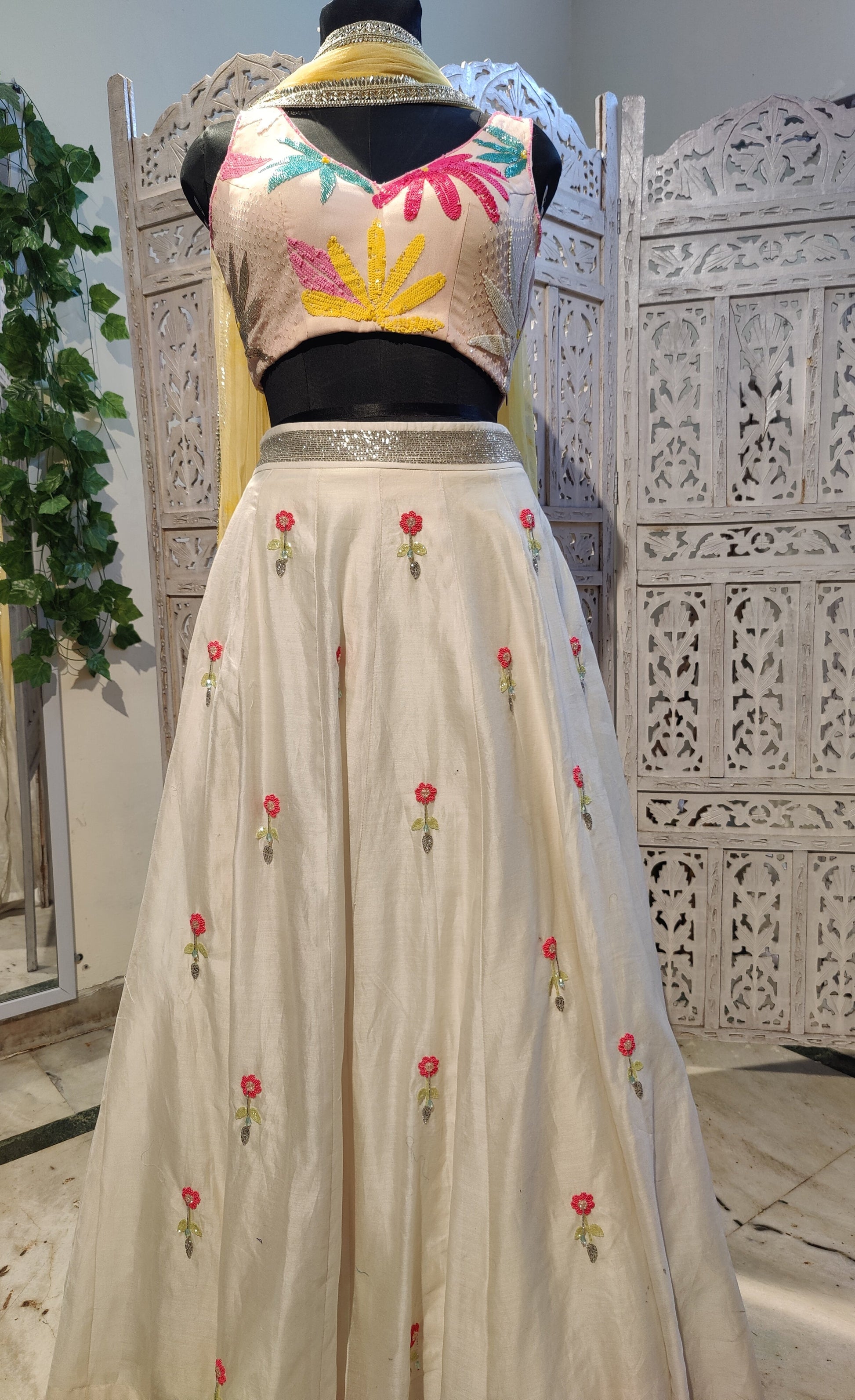 vory Lehenga Set with Pastel Pink Blouse and Yellow Net Dupatta Floral Jaal Embroidery in Katdana Sequins and Crystals Perfect for Sangeet Mehndi Haldi Bride’s Sister