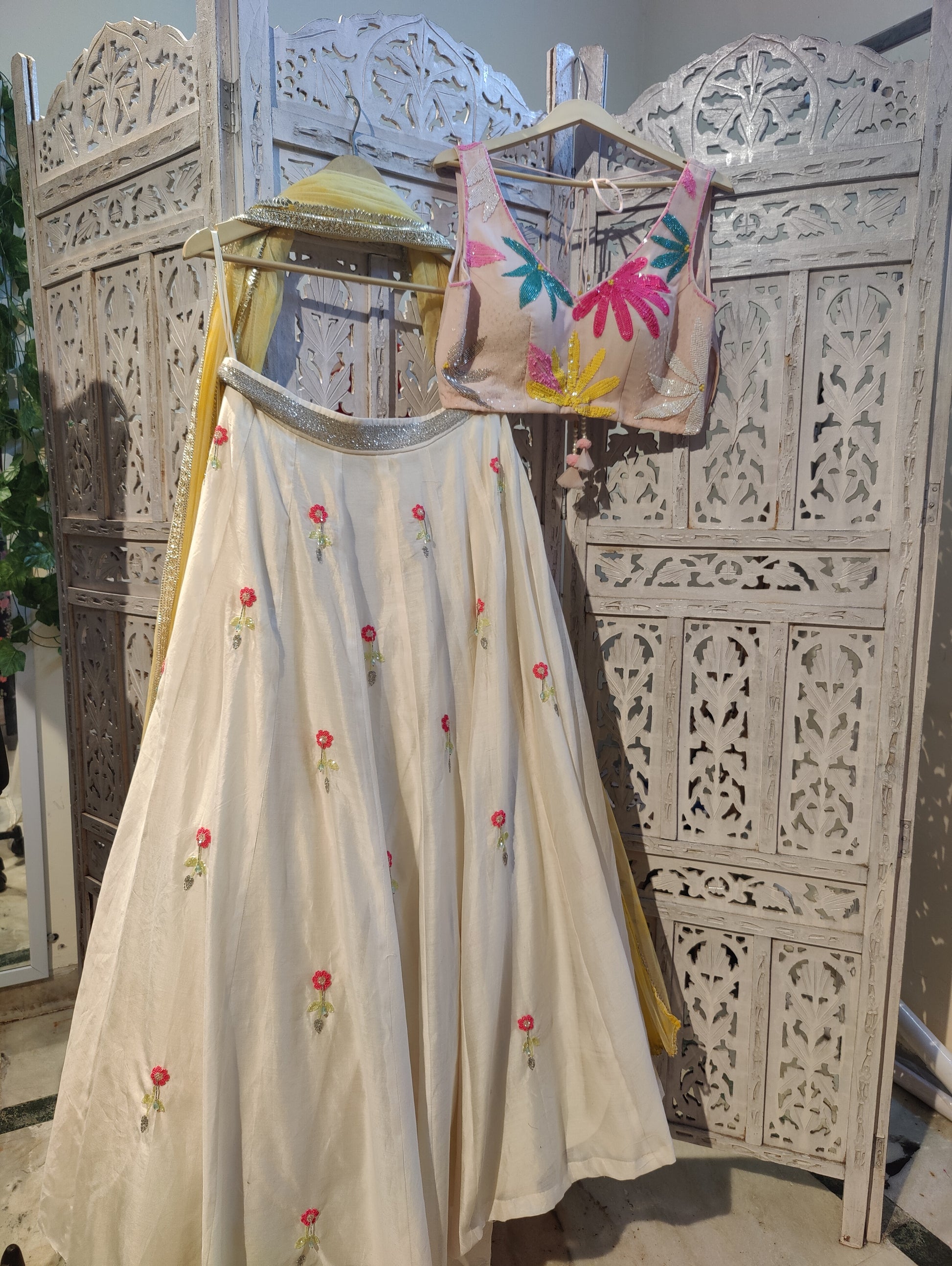 vory Lehenga Set with Pastel Pink Blouse and Yellow Net Dupatta Floral Jaal Embroidery in Katdana Sequins and Crystals Perfect for Sangeet Mehndi Haldi Bride’s Sister