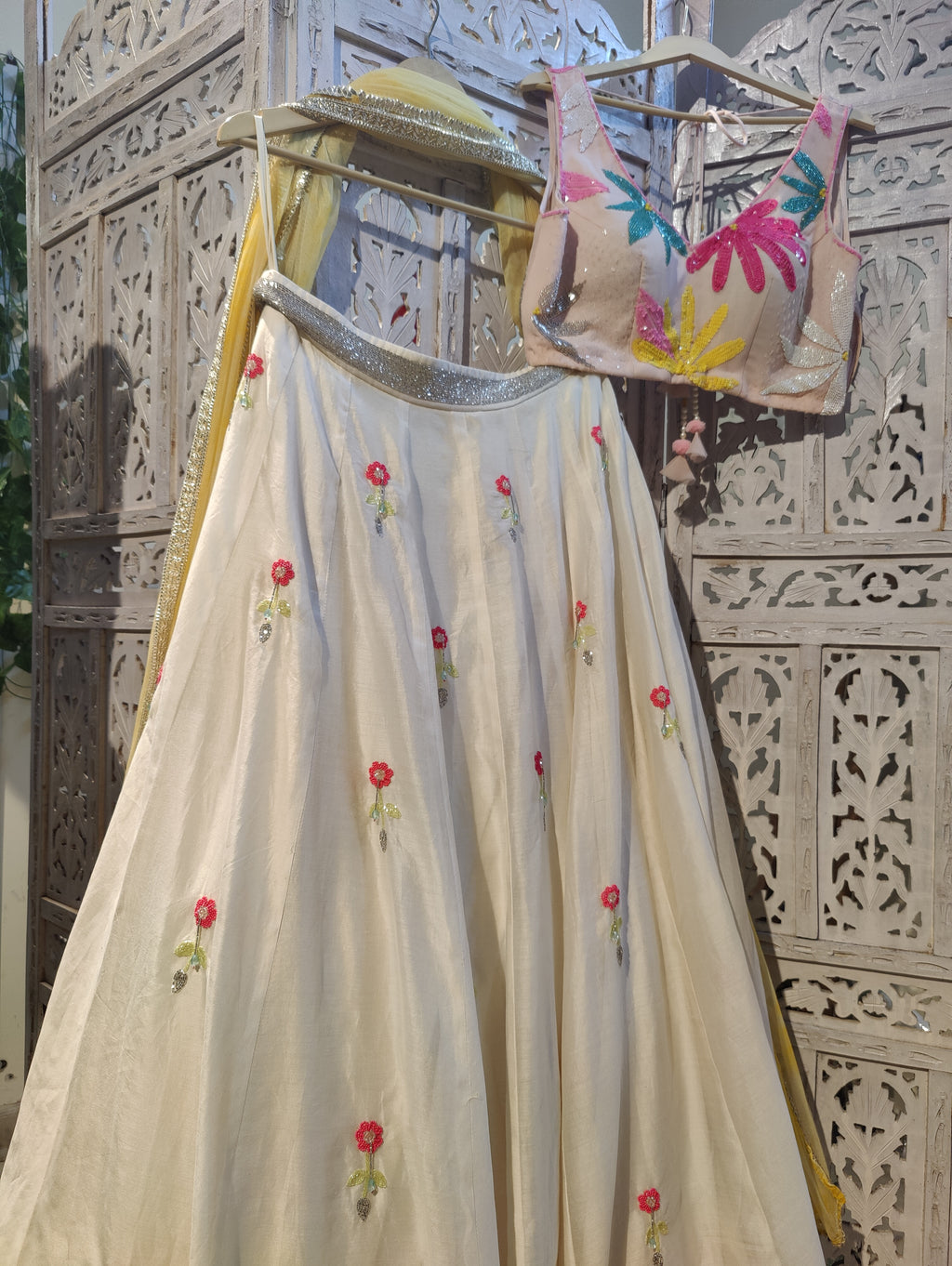 vory Lehenga Set with Pastel Pink Blouse and Yellow Net Dupatta Floral Jaal Embroidery in Katdana Sequins and Crystals Perfect for Sangeet Mehndi Haldi Bride’s Sister