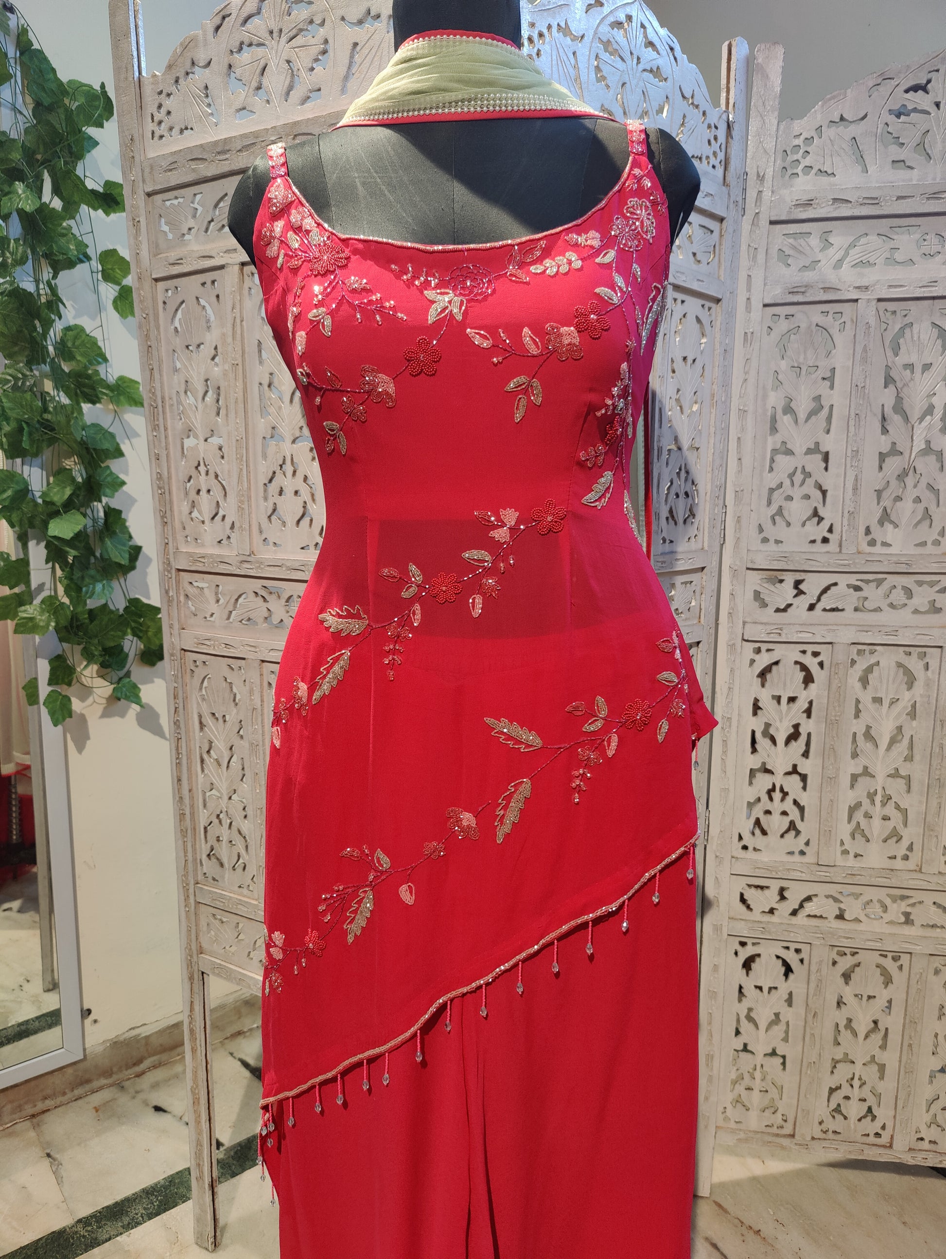 Hot Pink Asymmetric Designer Sharara Suit for Weddings Celebrity Style Indian Outfit with Hand Embroidery and Net Dupatta
