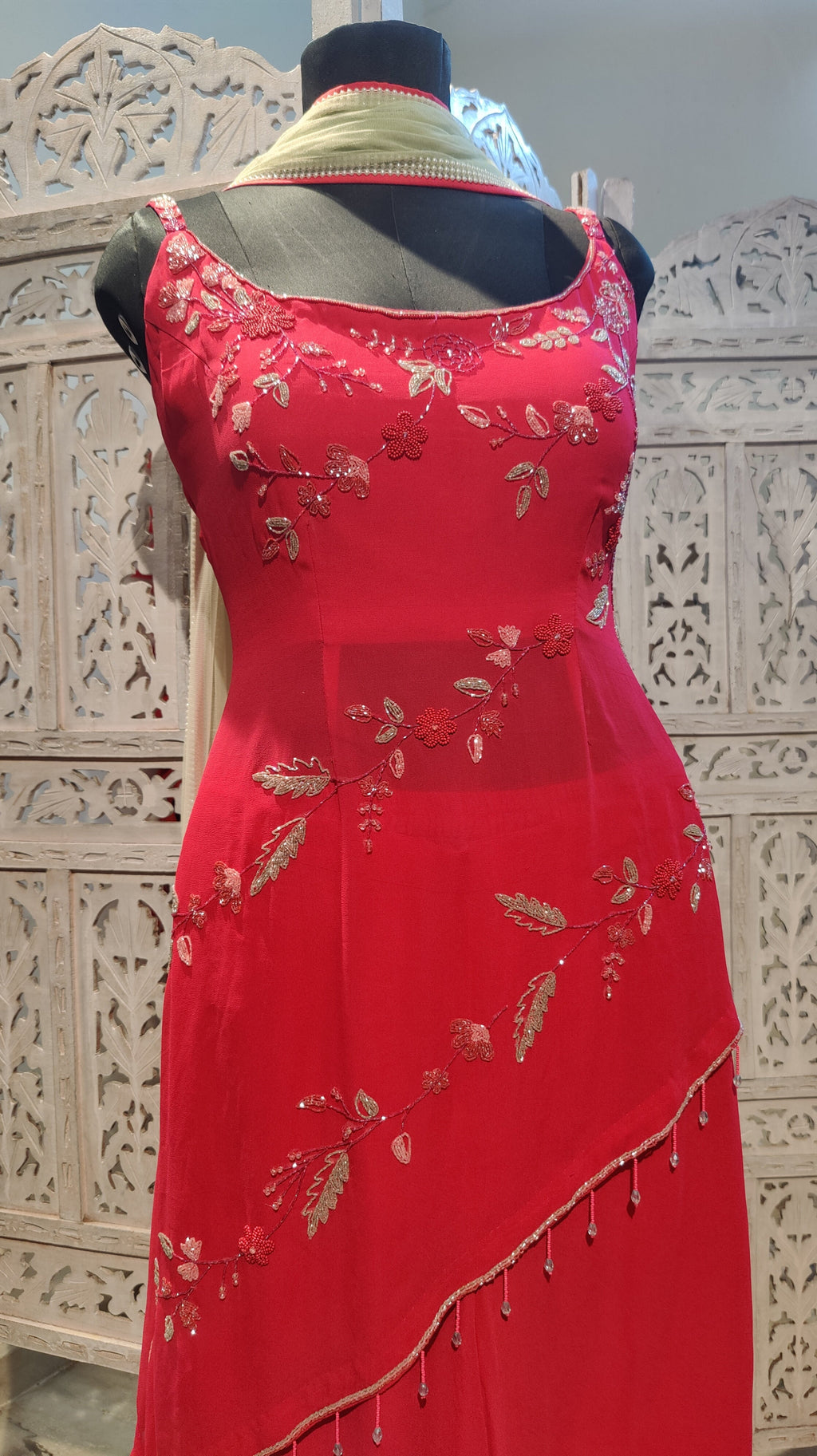 Hot Pink Asymmetric Designer Sharara Suit for Weddings Celebrity Style Indian Outfit with Hand Embroidery and Net Dupatta