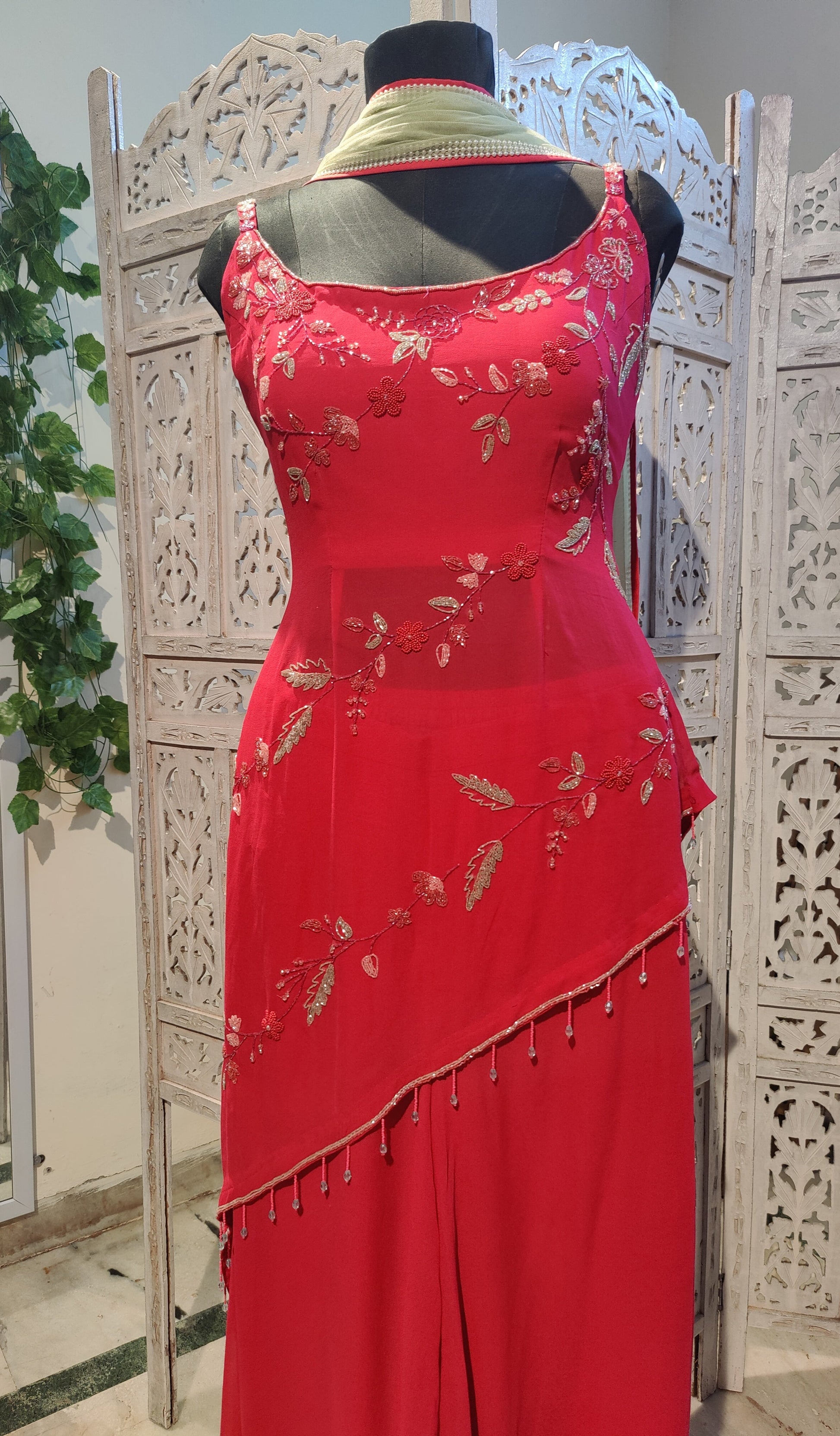 Hot Pink Asymmetric Designer Sharara Suit for Weddings Celebrity Style Indian Outfit with Hand Embroidery and Net Dupatta