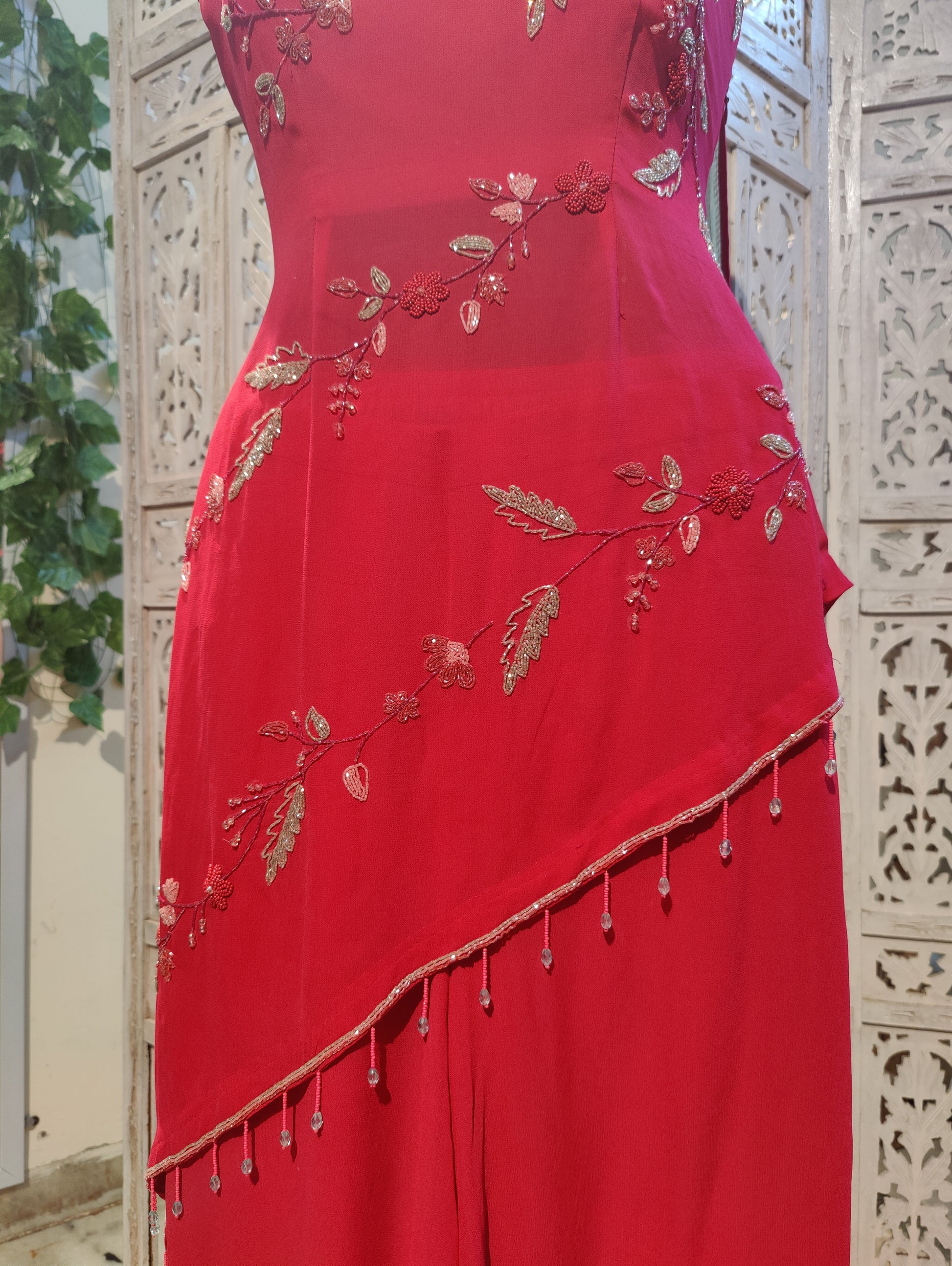 Hot Pink Asymmetric Designer Sharara Suit for Weddings Celebrity Style Indian Outfit with Hand Embroidery and Net Dupatta