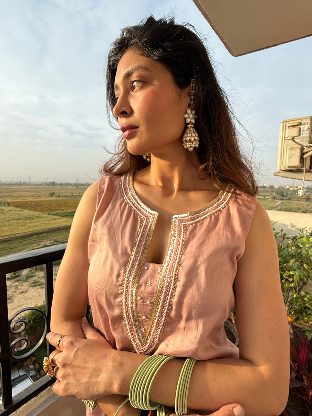 Meethi - KURTA Rose Gold Hand Embroidered Sleeveless Kurta | Elegant Cotton Kurti for Rakhi & Everyday Wear