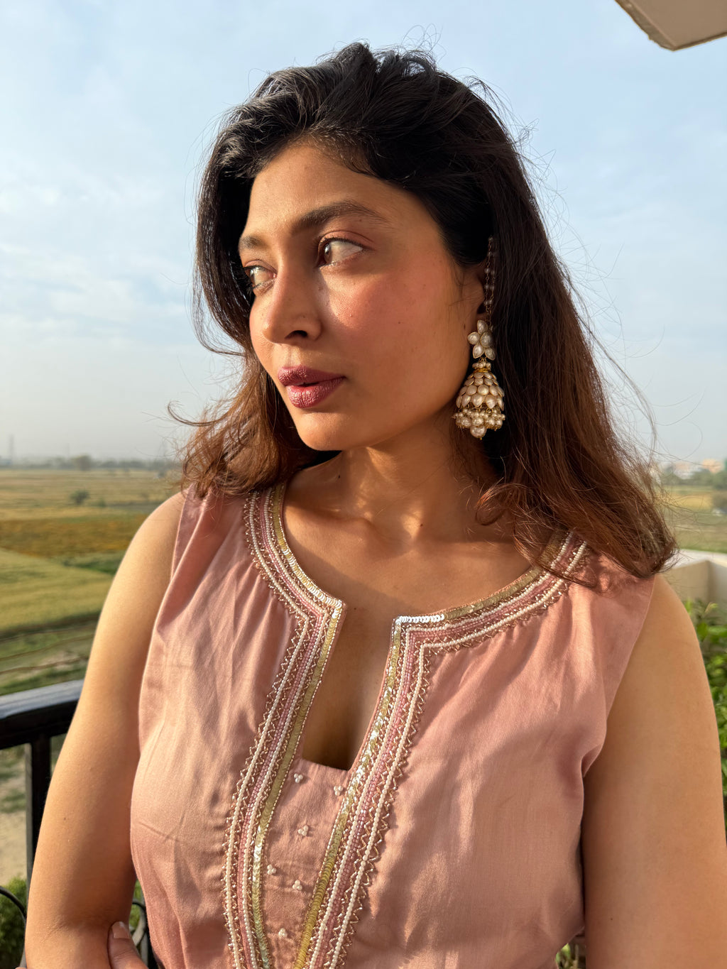 Meethi - KURTA Rose Gold Hand Embroidered Sleeveless Kurta | Elegant Cotton Kurti for Rakhi & Everyday Wear