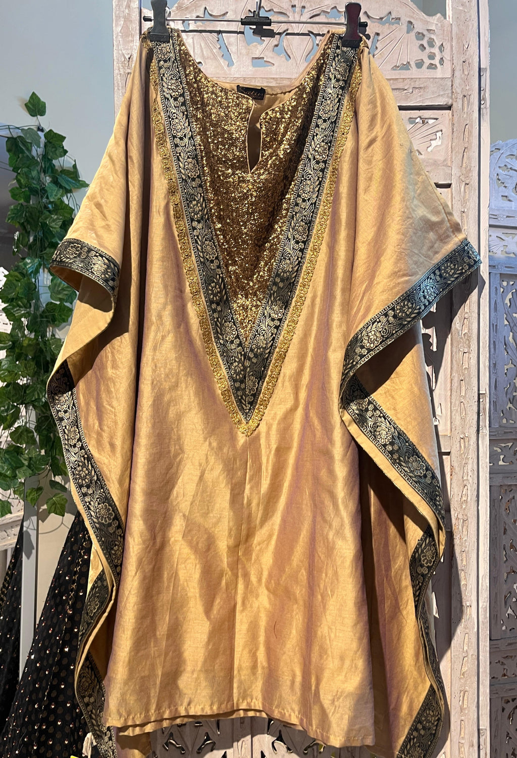 Gold Pure Chanderi Silk Kaftan with Black Banarasi Border