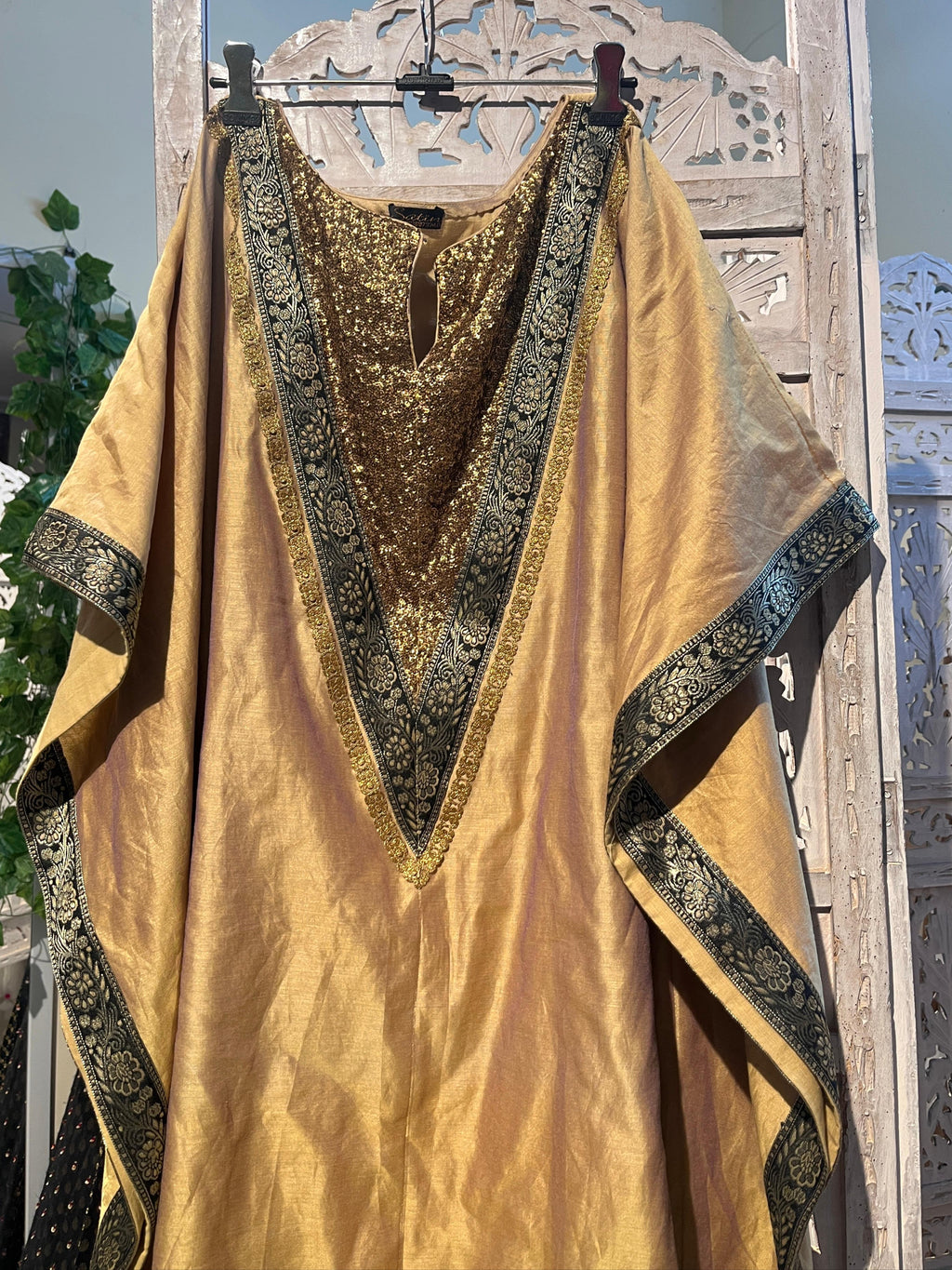 Gold Pure Chanderi Silk Kaftan with Black Banarasi Border