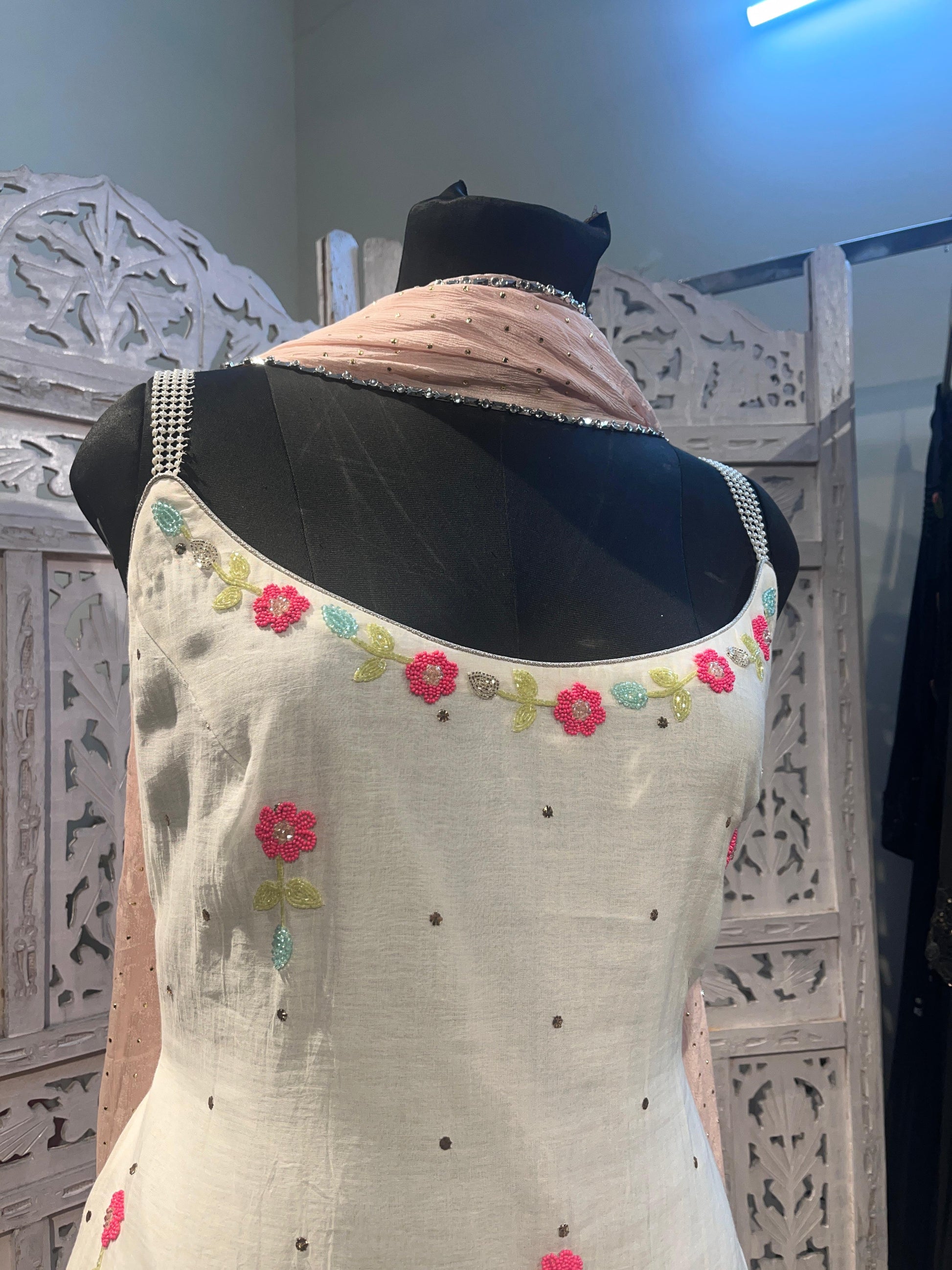 Ivory Kurta with Multicolor Embroidery & Mint Green Georgette Lehenga with Baby Pink Dupatta | Designer Festive & Wedding Wear