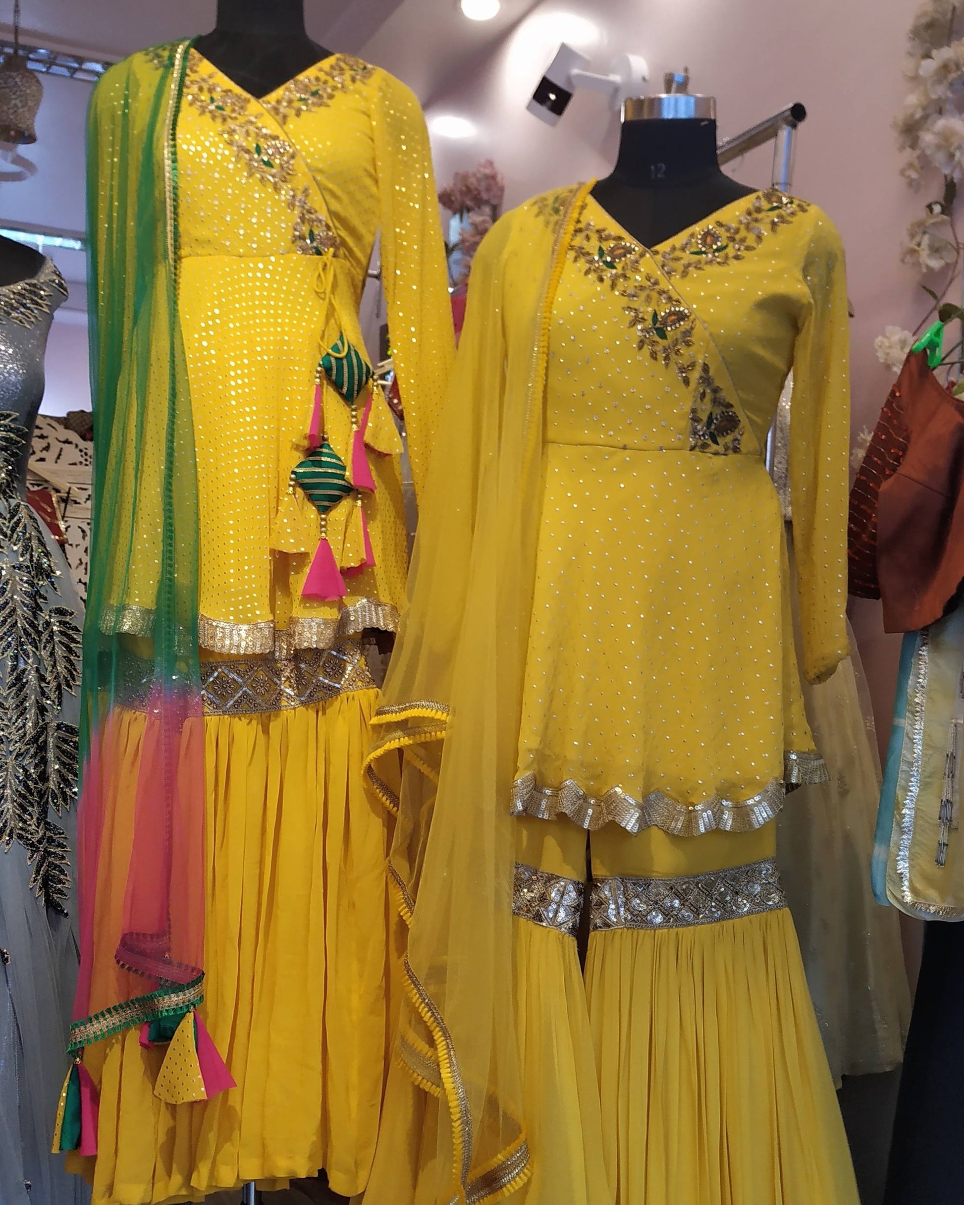 YELLOW Peplum with gharara 3 piece set with hand embroidery