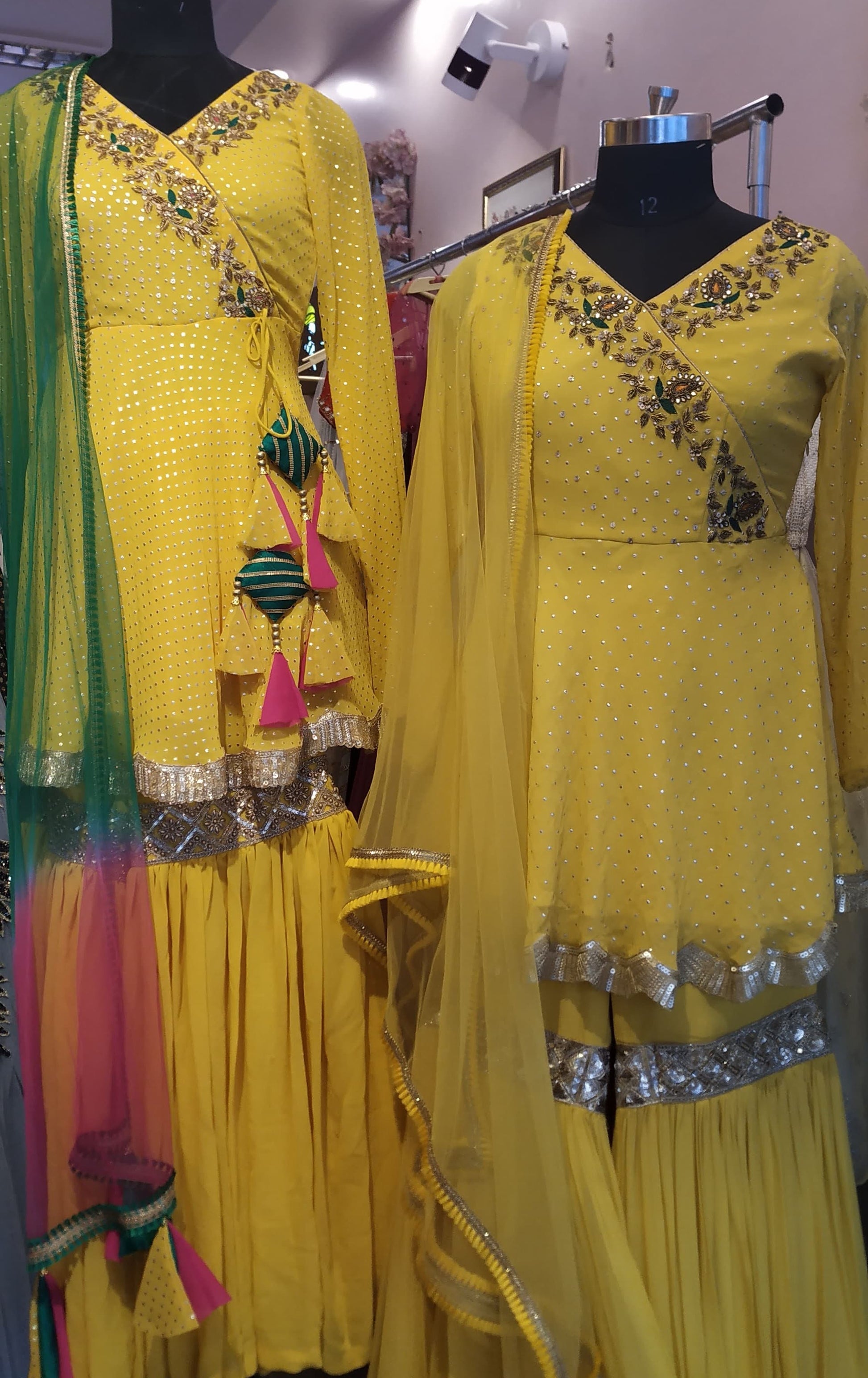YELLOW Peplum with gharara 3 piece set with hand embroidery