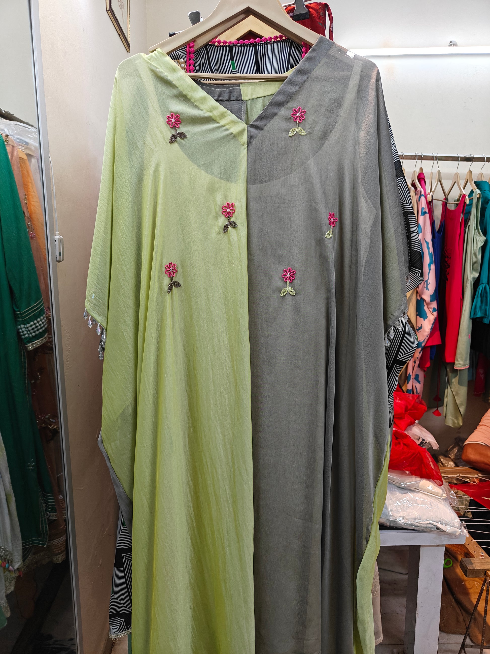 two tone kaftan tunic set with handwork motif