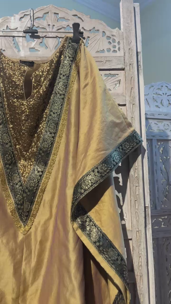 Gold Pure Chanderi Silk Kaftan with Black Banarasi Border