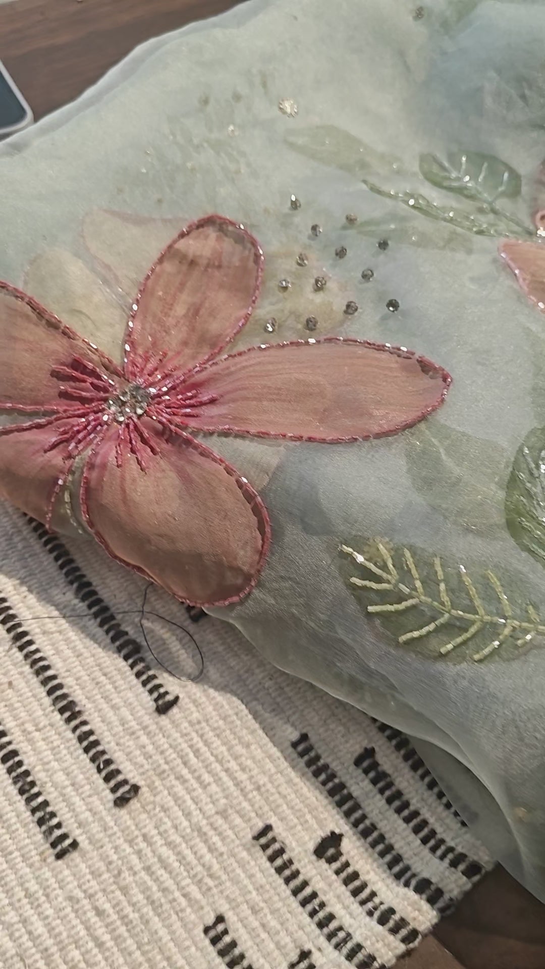 Ice-blue hand painted pure silk suit with embroidery