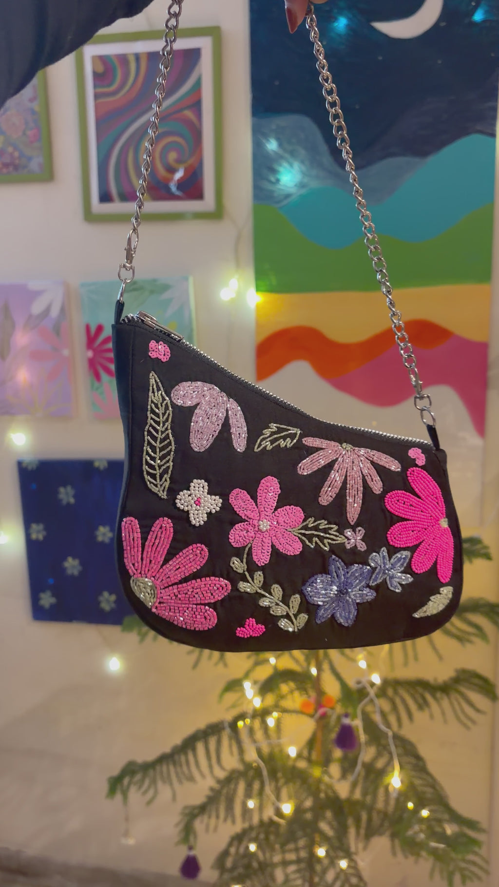 Black Asymmetrical Embroidered handbag