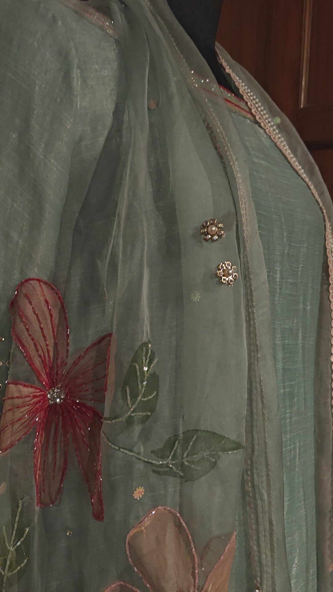 Ice-blue hand painted pure silk suit with embroidery