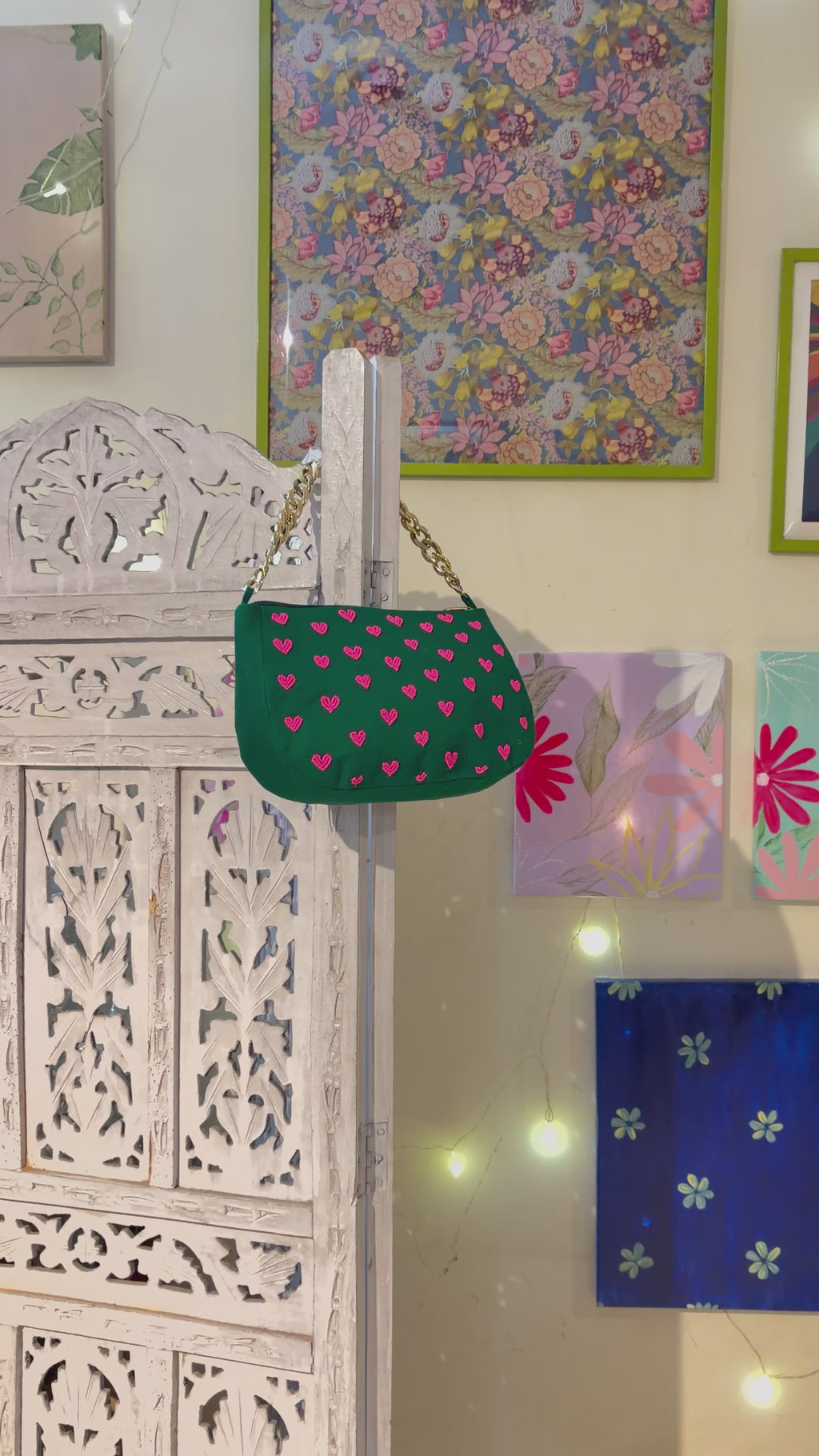 Green embroidered handbag with cute hearts embroidery