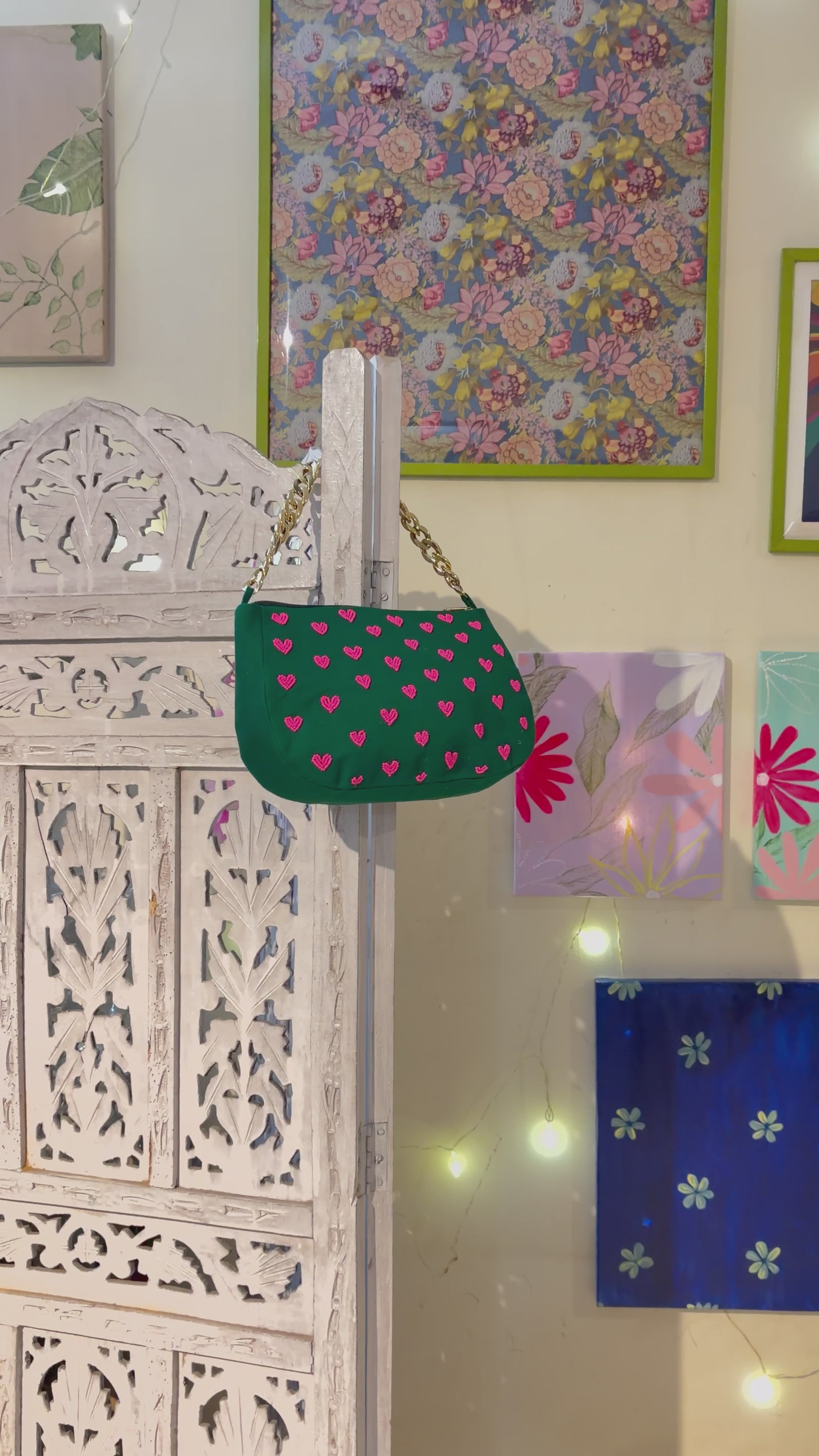 Green embroidered handbag with cute hearts embroidery