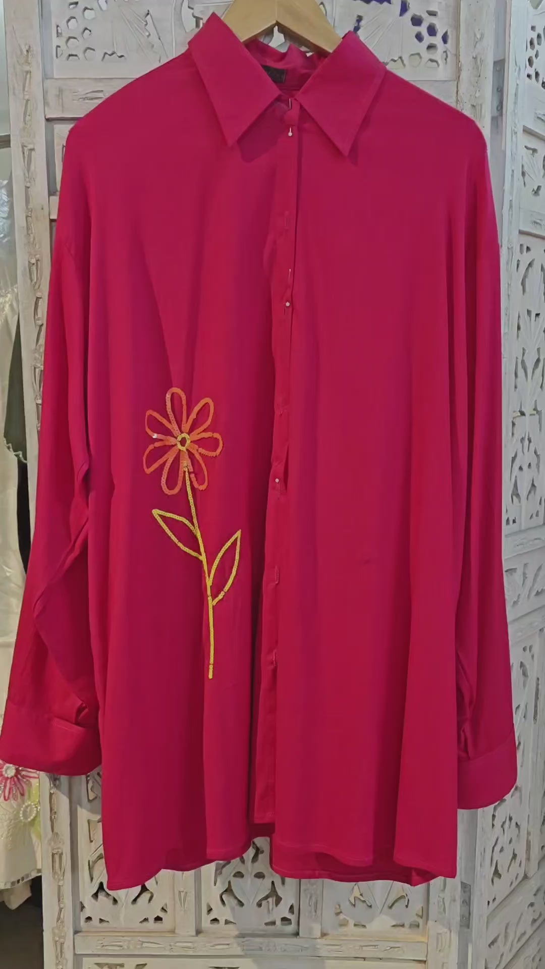 Hot Pink Oversized Shirt for Women – Linen Lycra Free Size Embroidered Sequin Shirt | Trendy Travel, Office &amp; Festive Wear