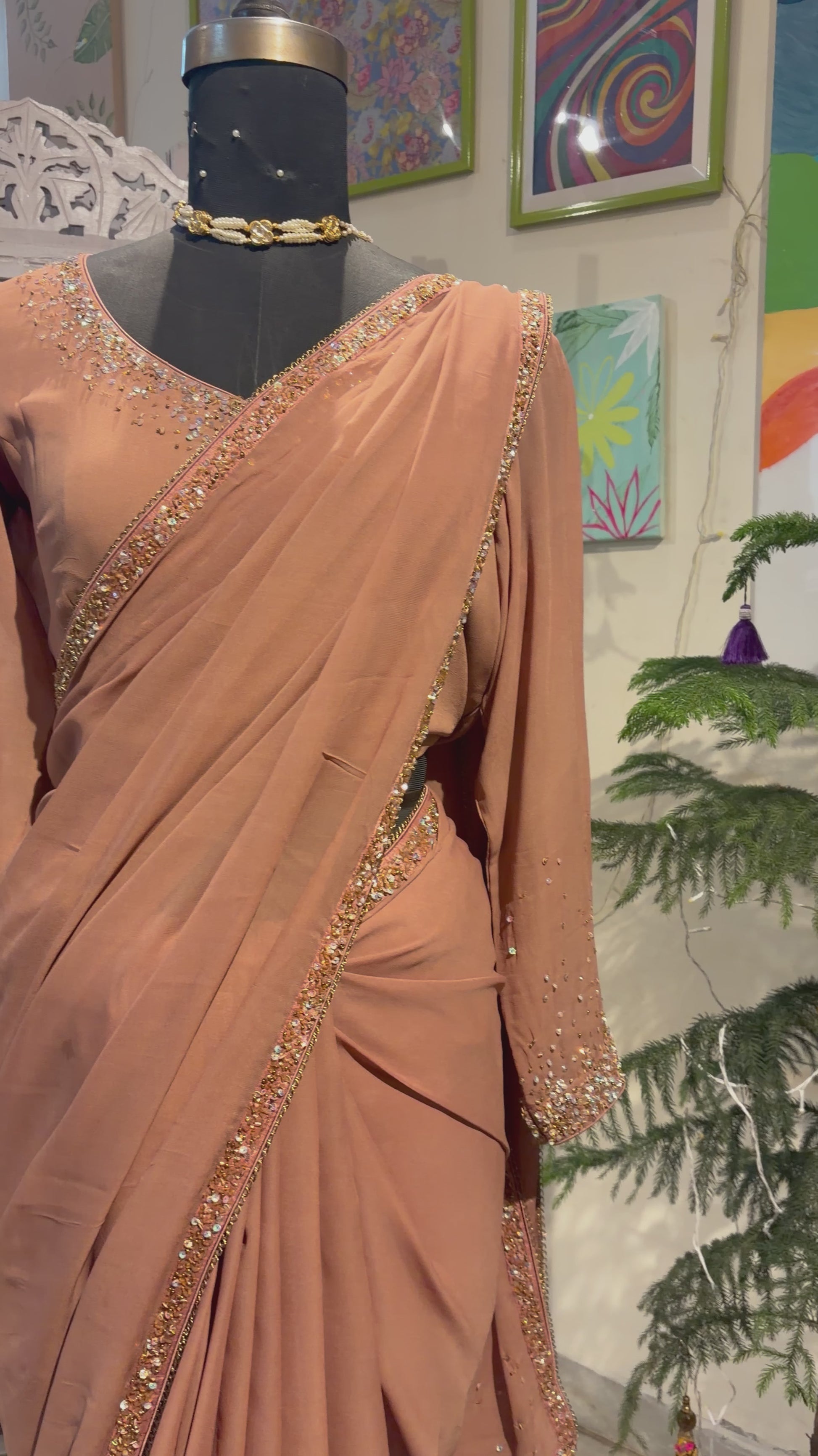 Nude brown ombre embroidered saree in Georgette