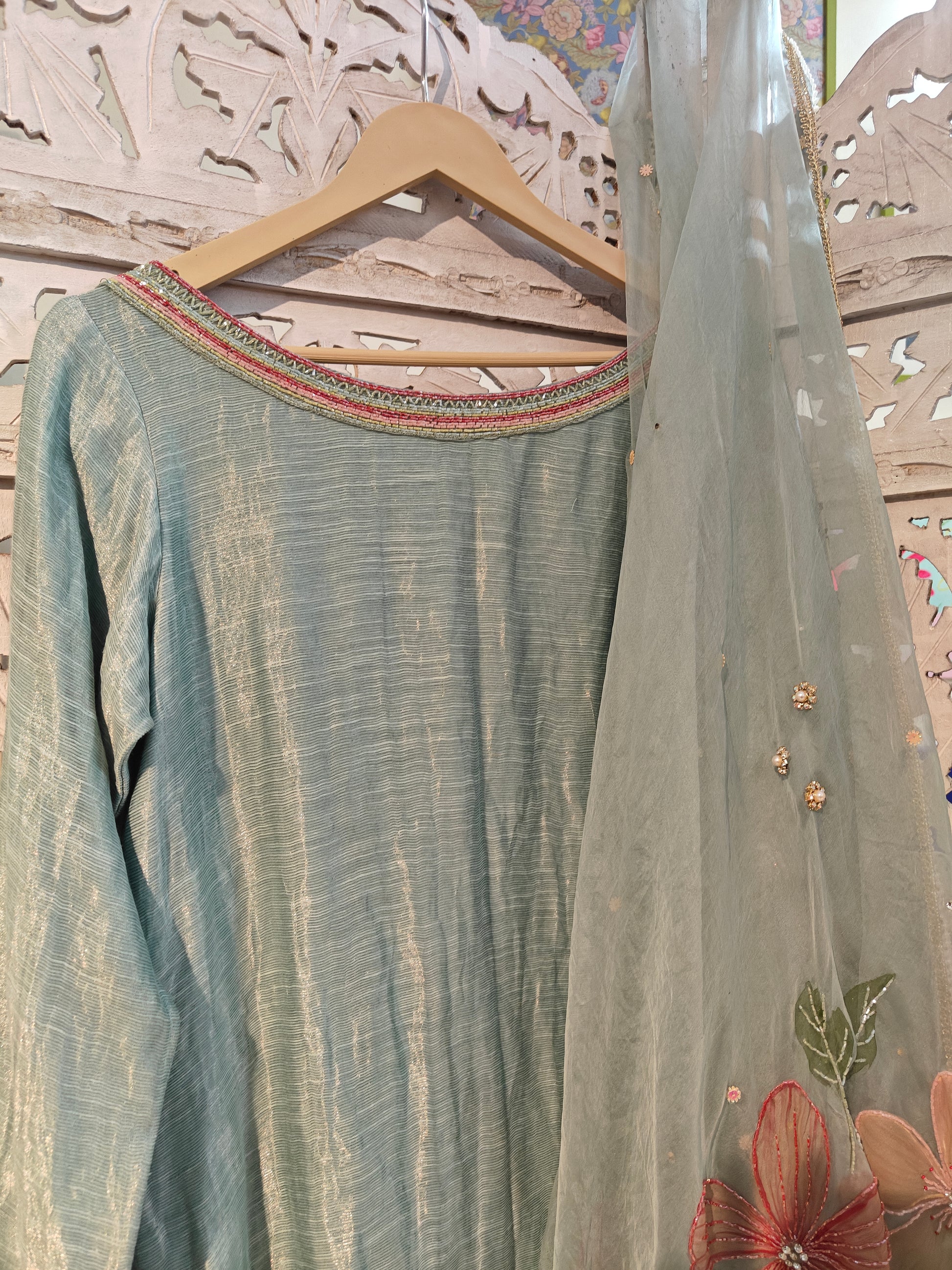 Ice-blue hand painted pure silk suit with embroidery