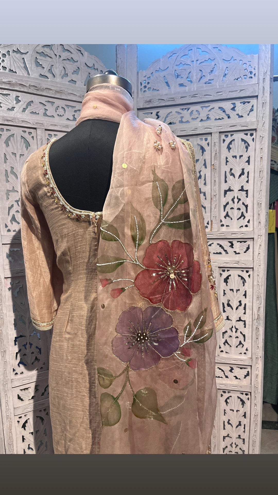 Jasmine Pure Chanderi Hand painted suit with Handwork