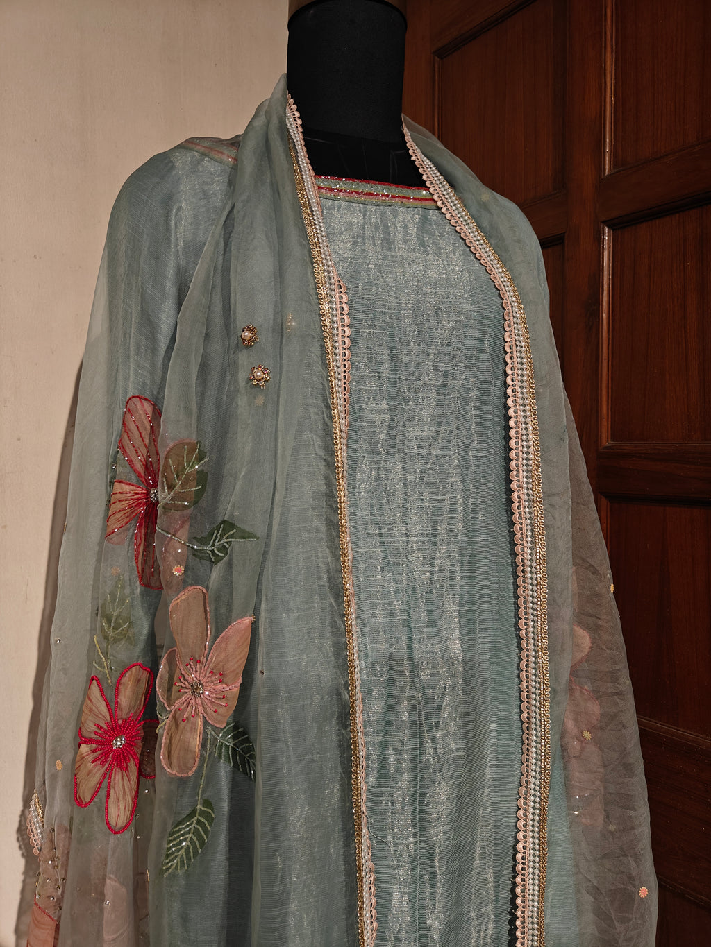 Ice-blue hand painted pure silk suit with embroidery