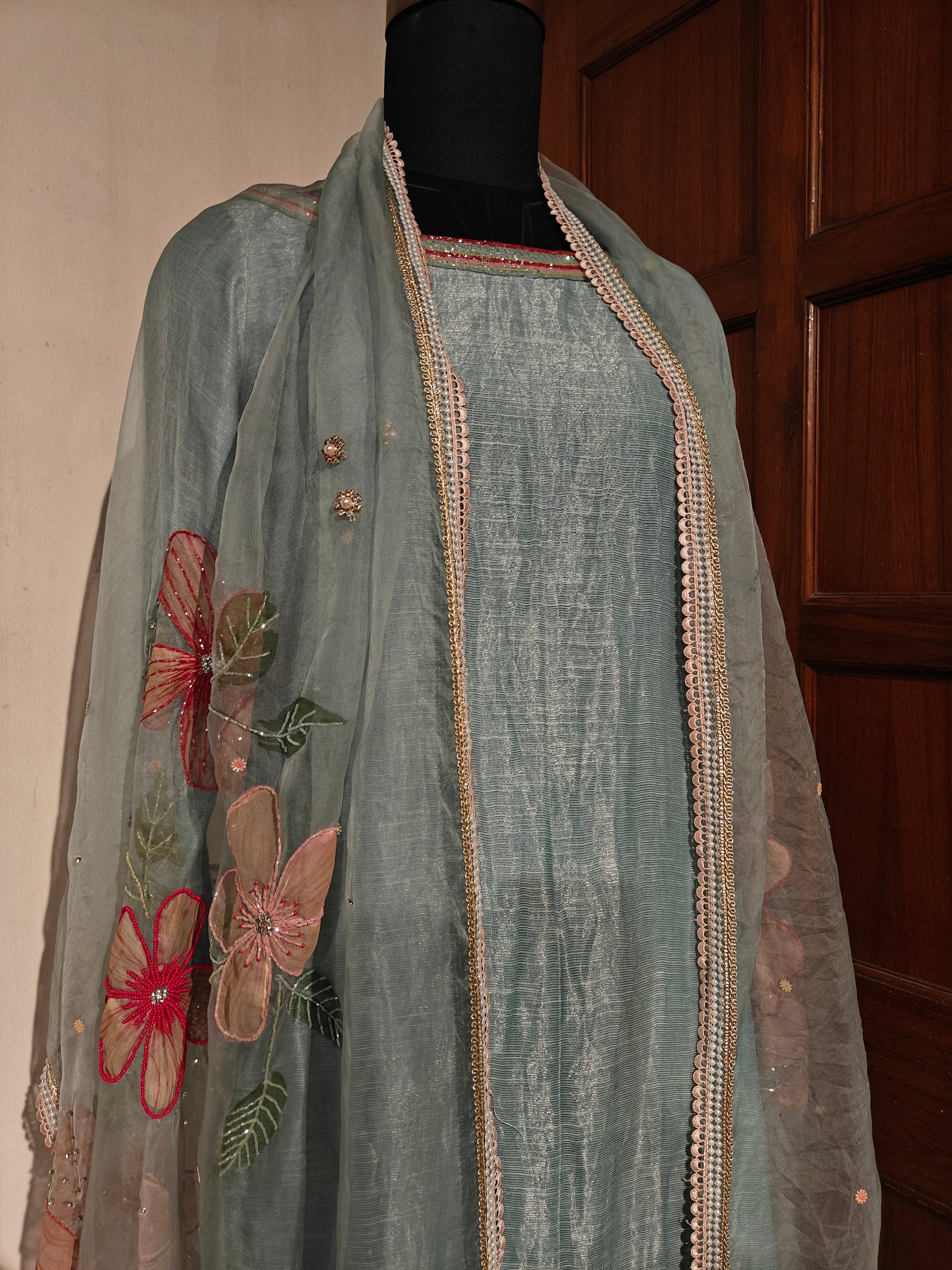 Ice-blue hand painted pure silk suit with embroidery