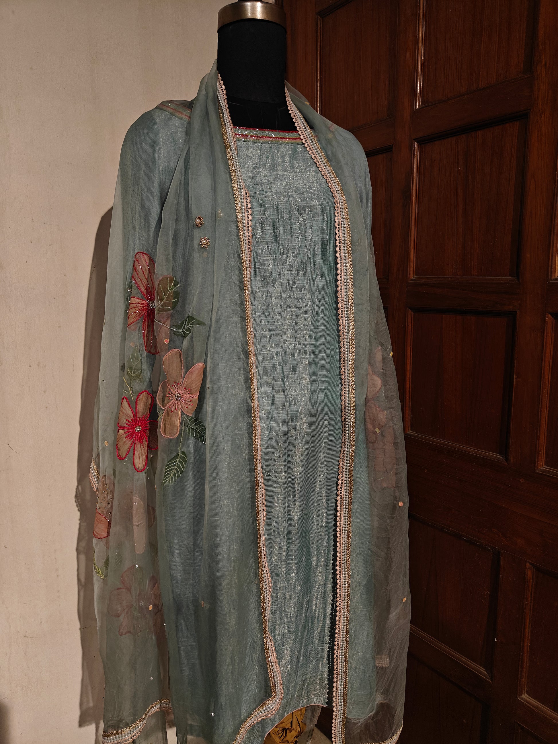 Ice-blue hand painted pure silk suit with embroidery