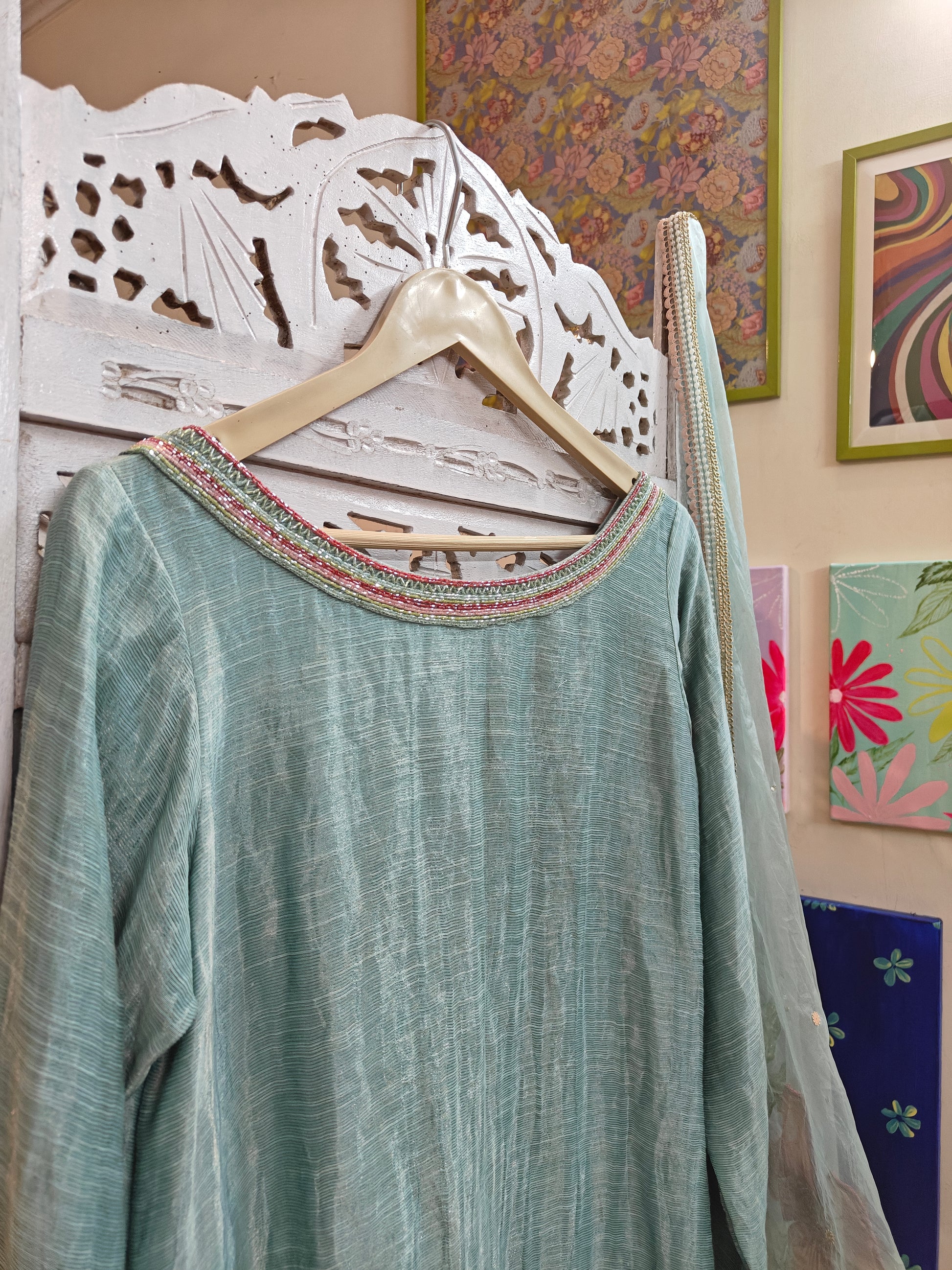Ice-blue hand painted pure silk suit with embroidery