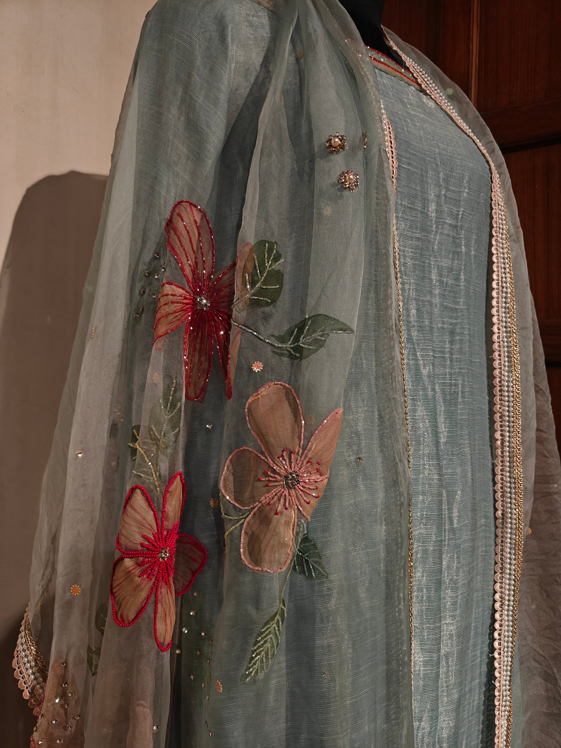 Ice-blue hand painted pure silk suit with embroidery