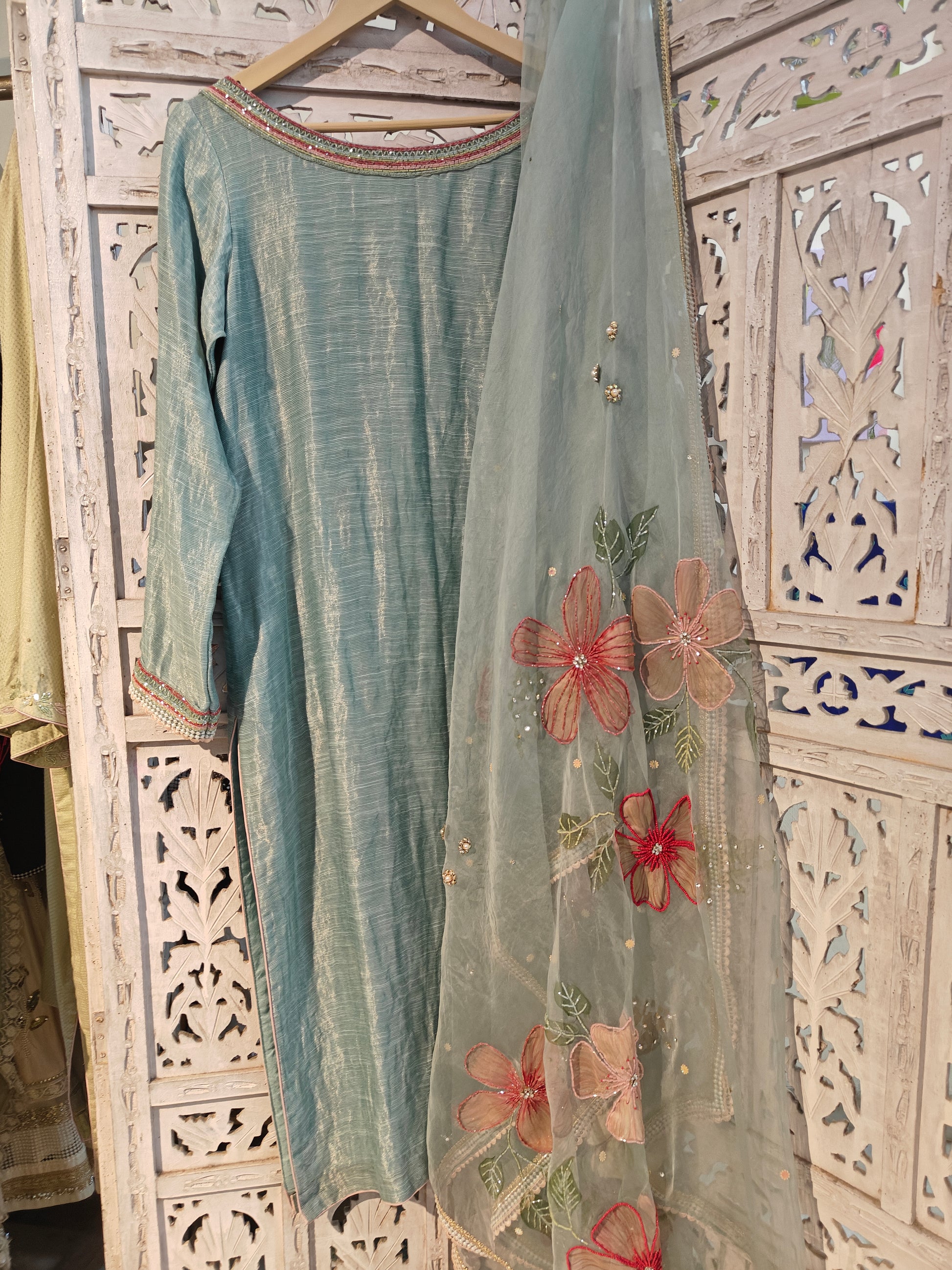 Ice-blue hand painted pure silk suit with embroidery
