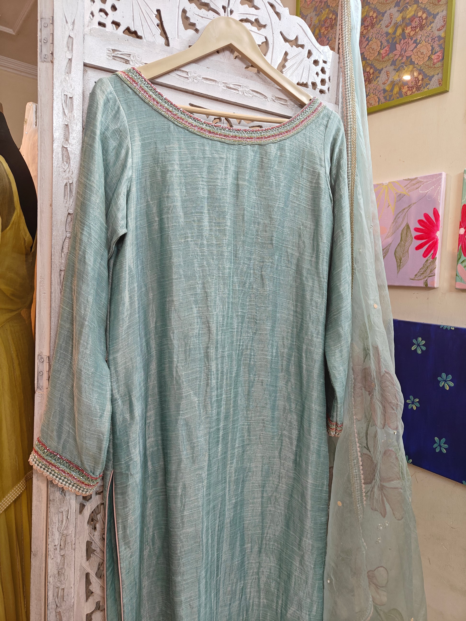 Ice-blue hand painted pure silk suit with embroidery