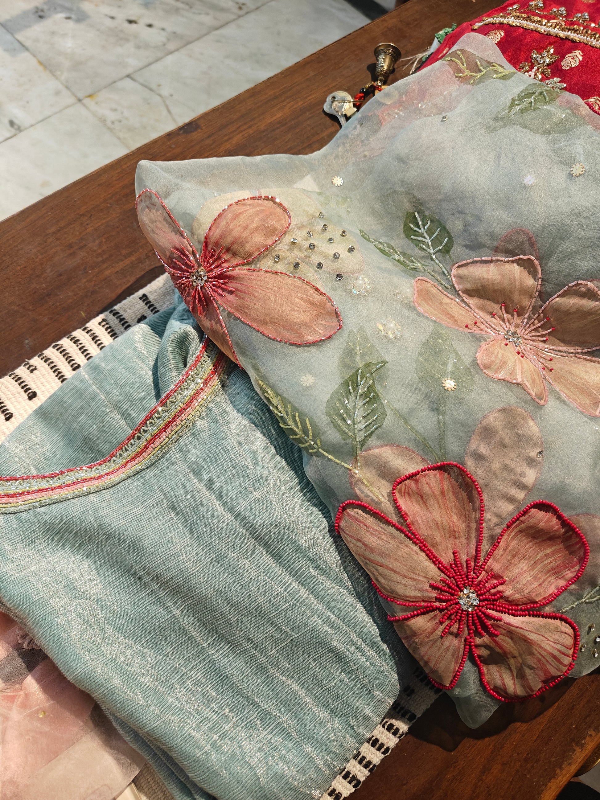 Ice-blue hand painted pure silk suit with embroidery